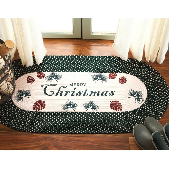 Safavieh Braided Posters Merry Christmas Pine Cones Runner Rug, Ivory/Dark Natural, 1'8" x 4' Oval