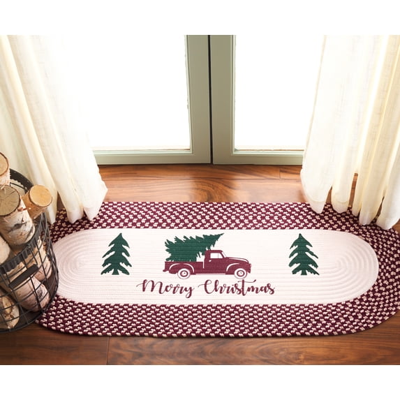 Safavieh Braided Posters Merry Christmas Pine Tree Area Rug, Ivory/Burgundy Red, 1'8" x 3' Oval