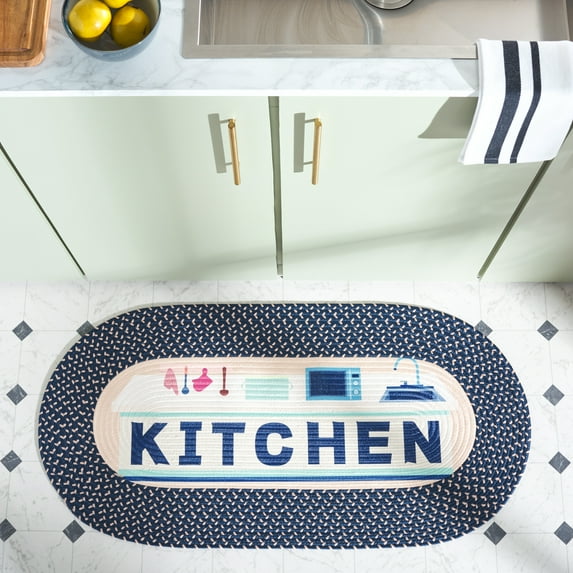 Safavieh Braided Posters Modern Kitchen Runner Rug, Ivory/Navy, 1'8" x 4' Oval