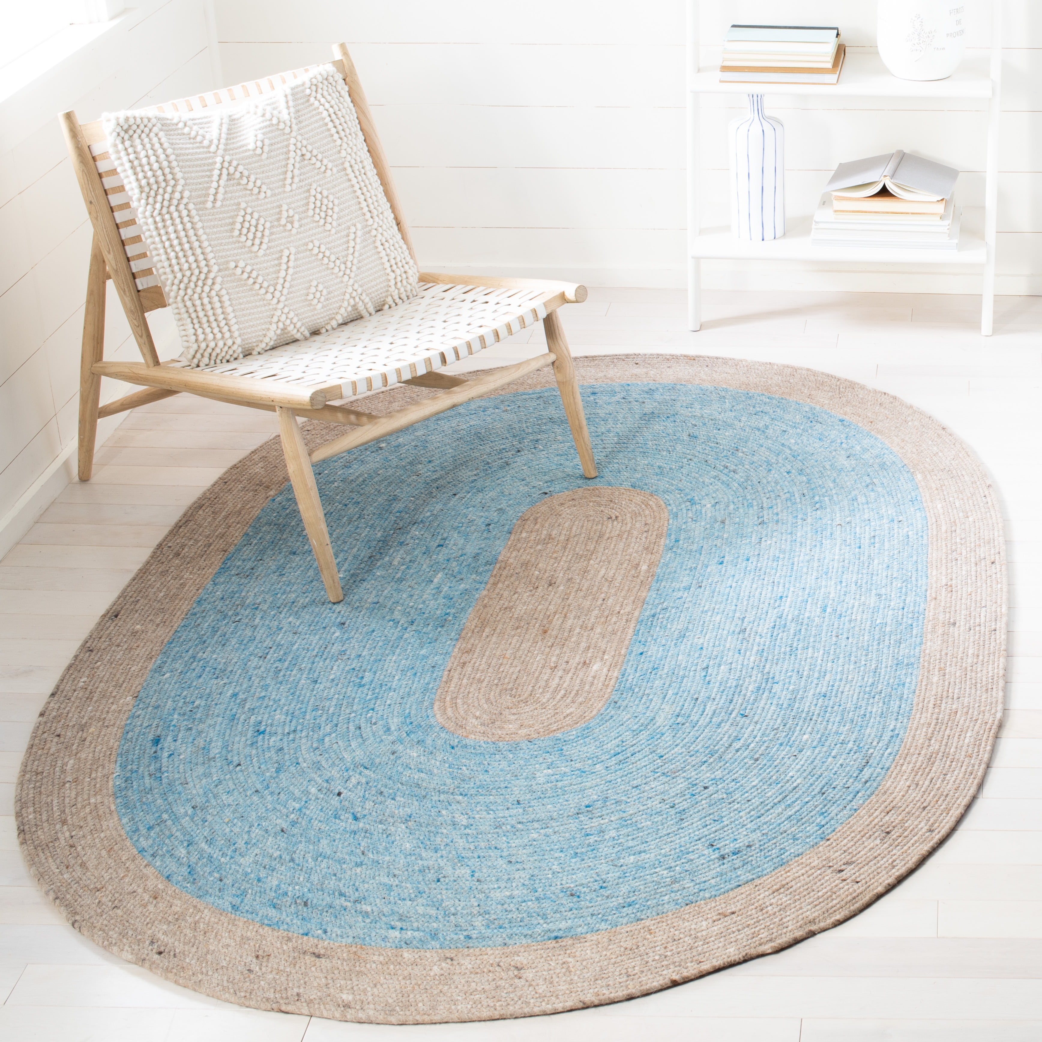 SAFAVIEH Braided Simon Bordered Reversible Area Rug, Blue/Beige, 6' x 9' Oval