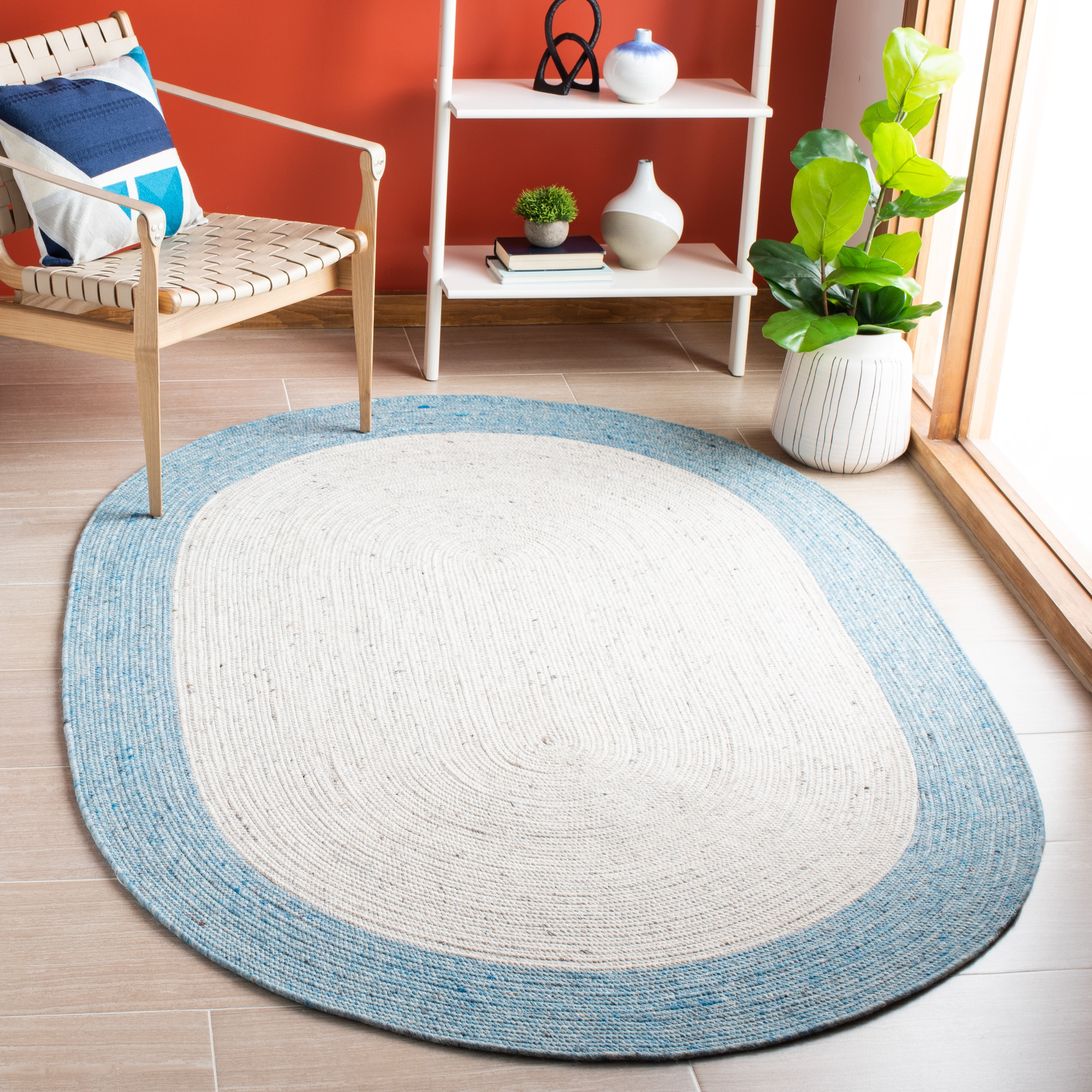 SAFAVIEH Braided Stephen Bordered Reversible Area Rug, Ivory/Blue, 4' x 6' Oval