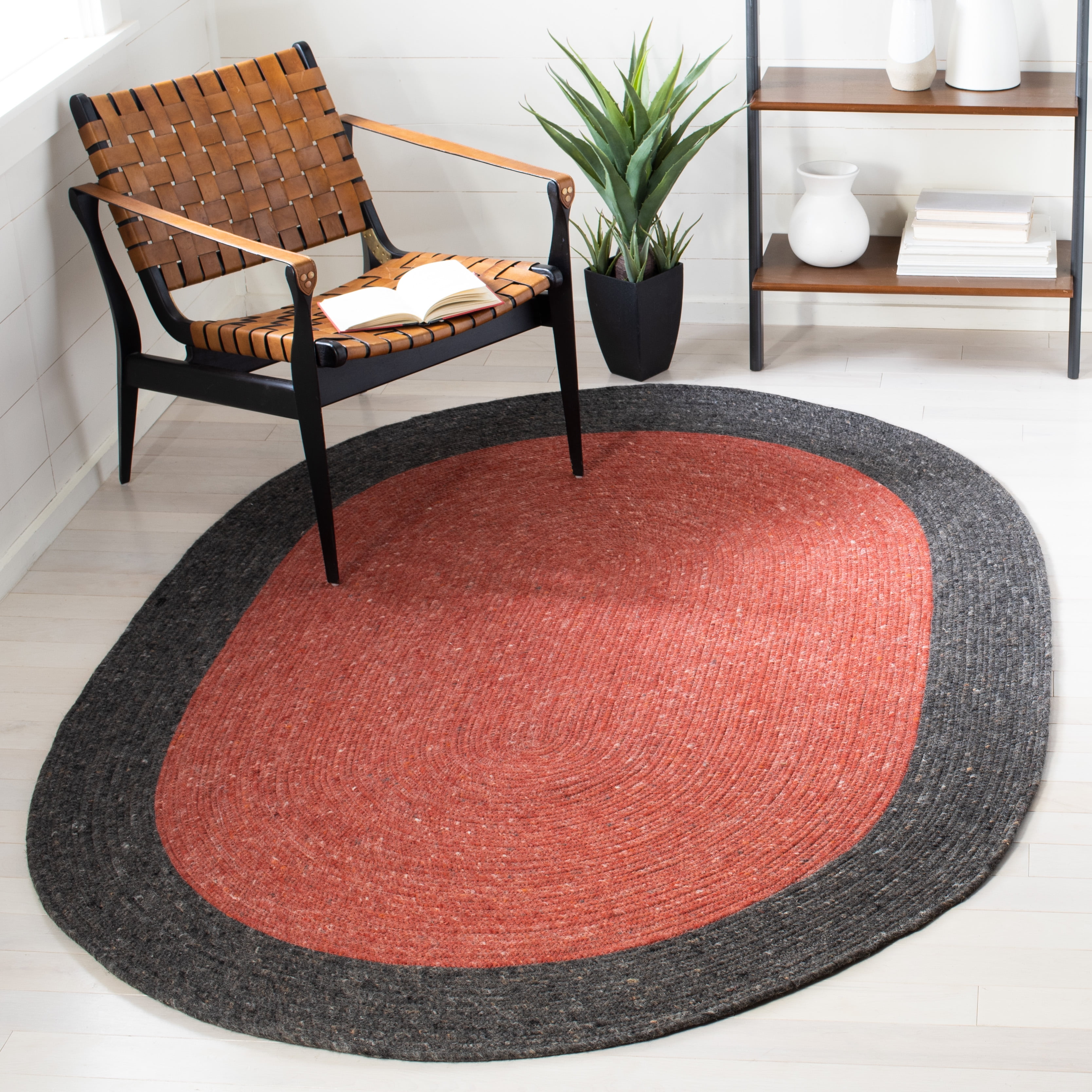 SAFAVIEH Braided Stephen Bordered Reversible Area Rug, Red/Black, 6' x 9' Oval