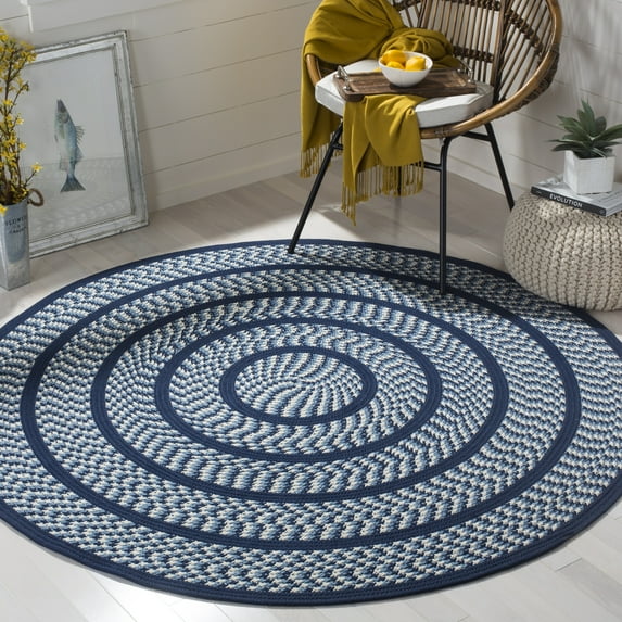 SAFAVIEH Braided Tanisha Bordered Reversible Area Rug, Ivory/Navy, 4' x 4' Round