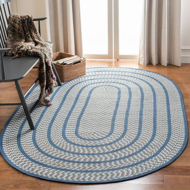 SAFAVIEH Braided Tanisha Color Bordered Area Rug, Ivory/Blue, 3' x 5' Oval