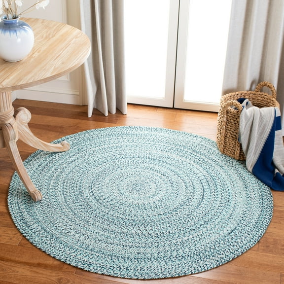 SAFAVIEH Braided Vermont Geometric Cotton Reversible Area Rug, Aqua/Ivory, 7' x 7' Round