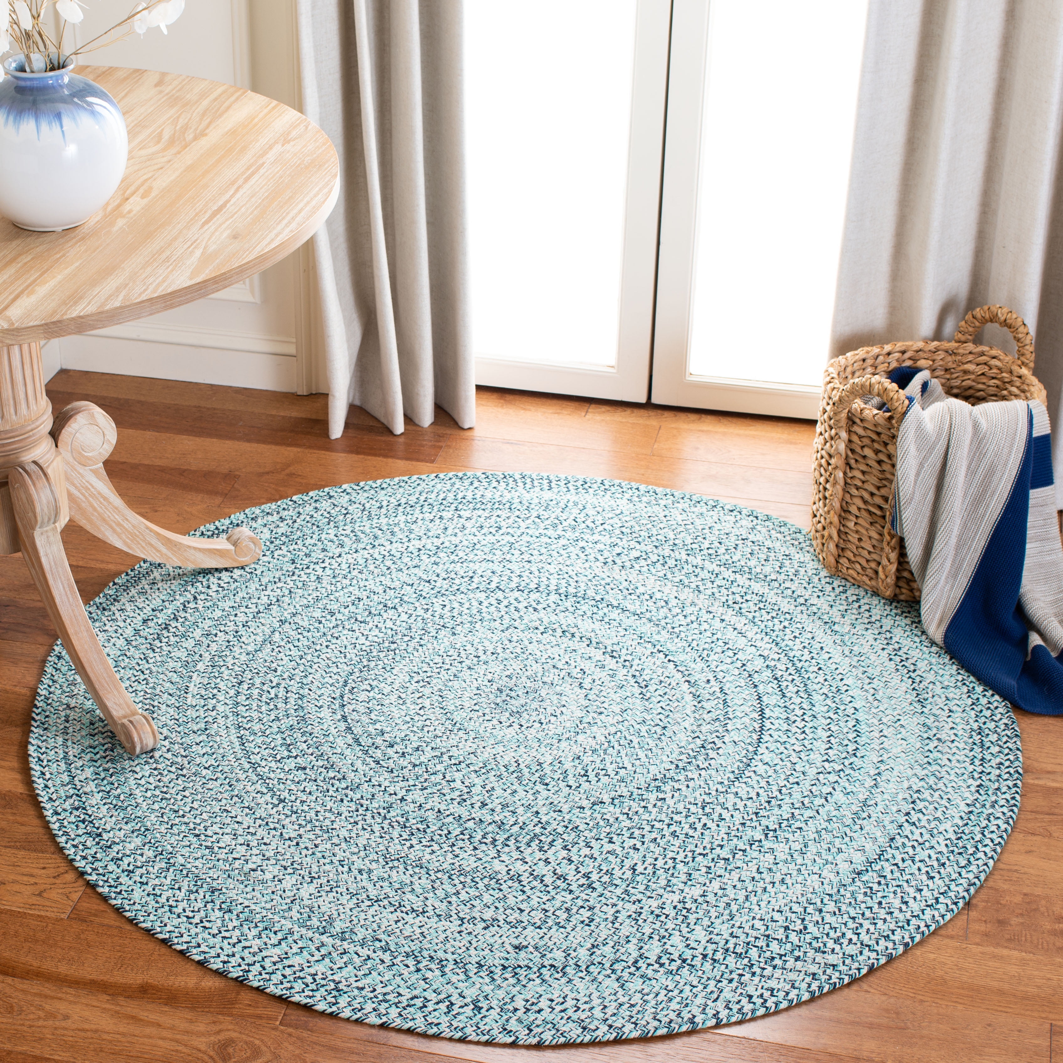 SAFAVIEH Braided Vermont Geometric Cotton Reversible Area Rug, Aqua/Ivory, 4' x 4' Round