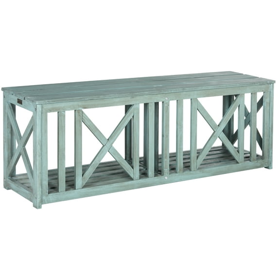 SAFAVIEH Branco Indoor/Outdoor Modern Glam Acacia Bench, Beach House Blue