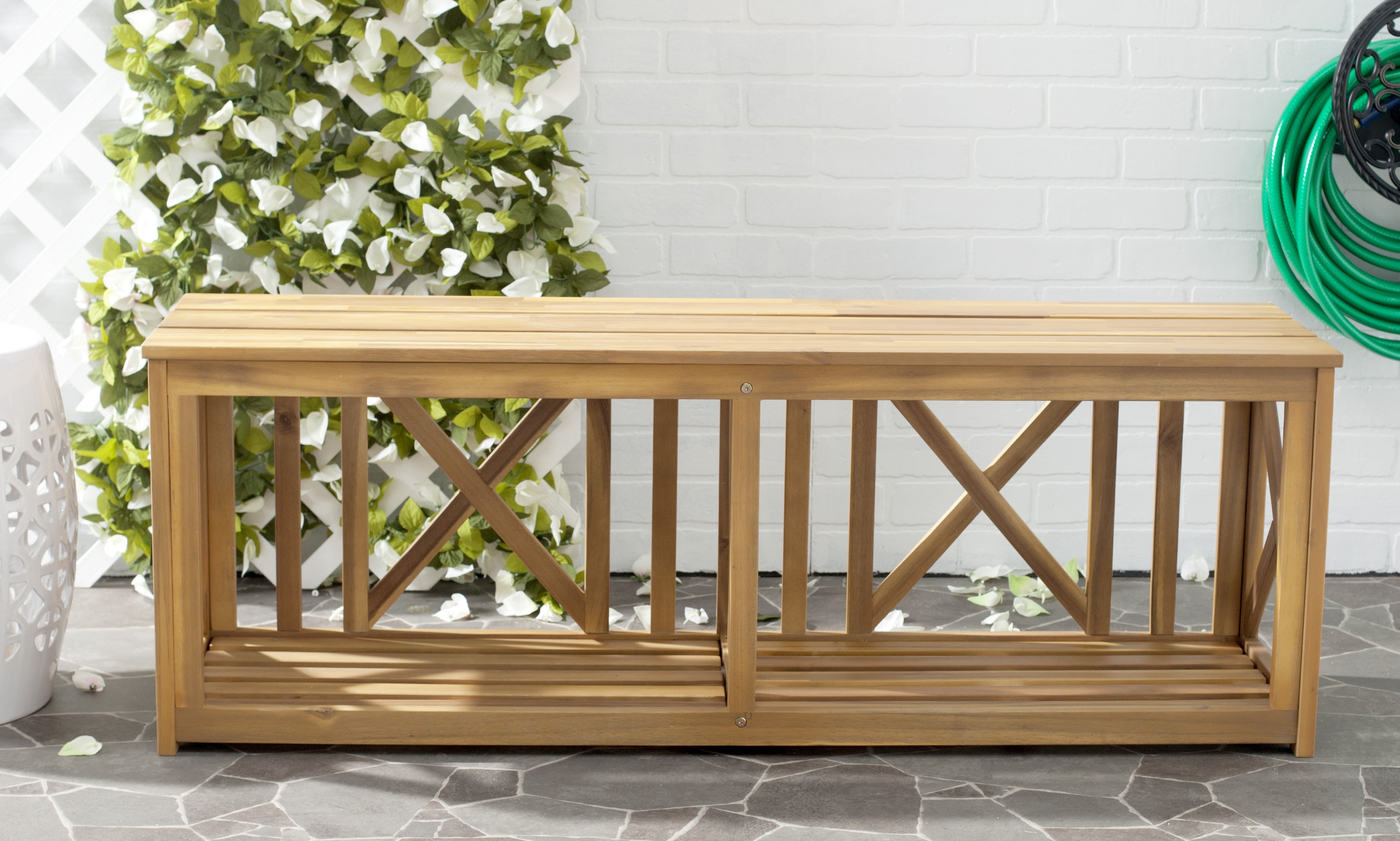 Transitional 51'' Natural Brown Acacia Outdoor Storage Bench