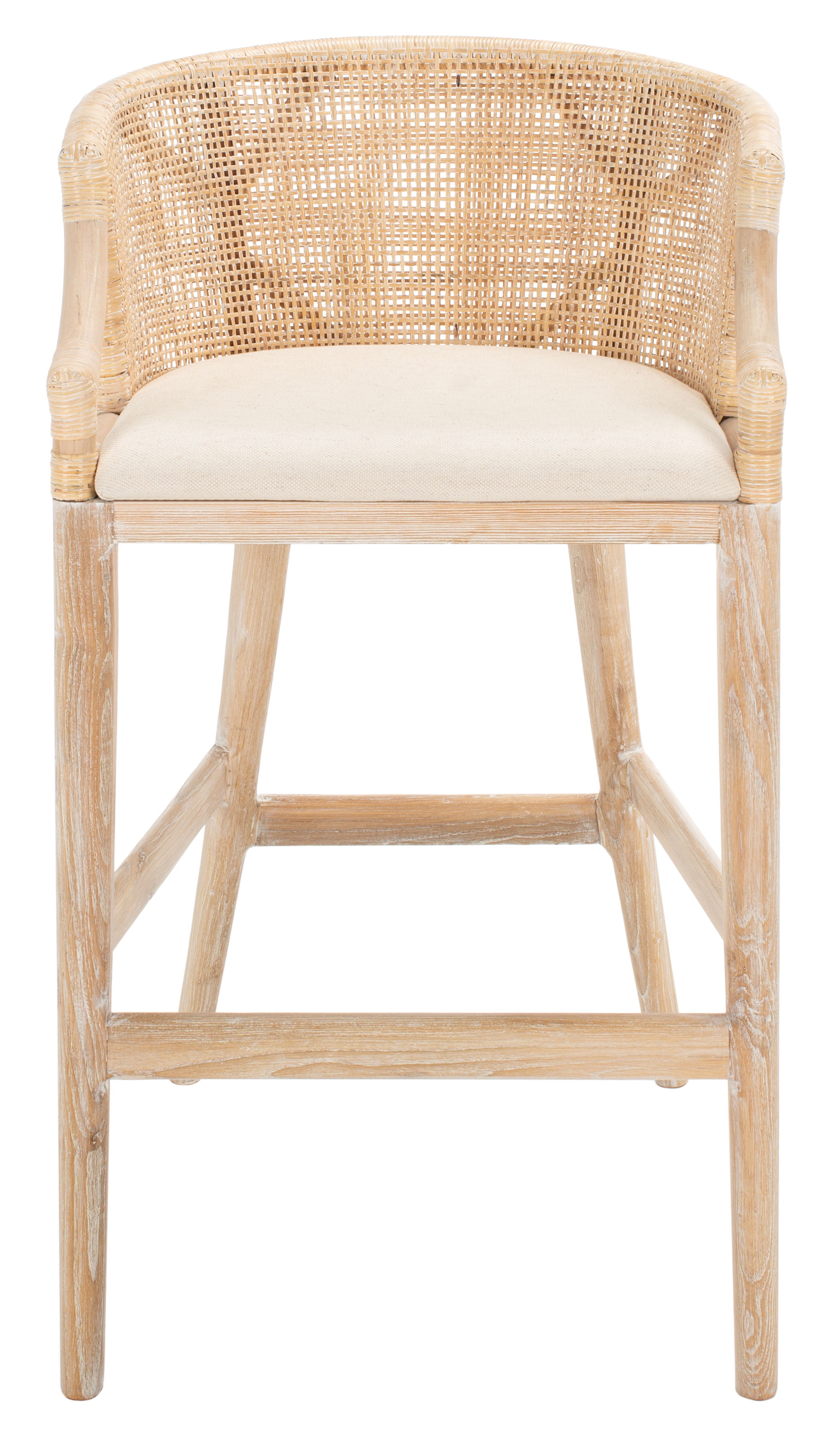 Natural White Washed Wood and Rattan Bar Stool