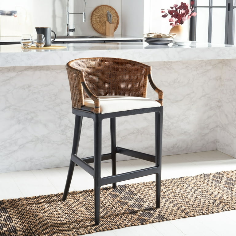 SAFAVIEH Brando Indoor Contemporary Rattan Bar Stool Woven Back Black Legs White Cushion Height 39 in. Walmart