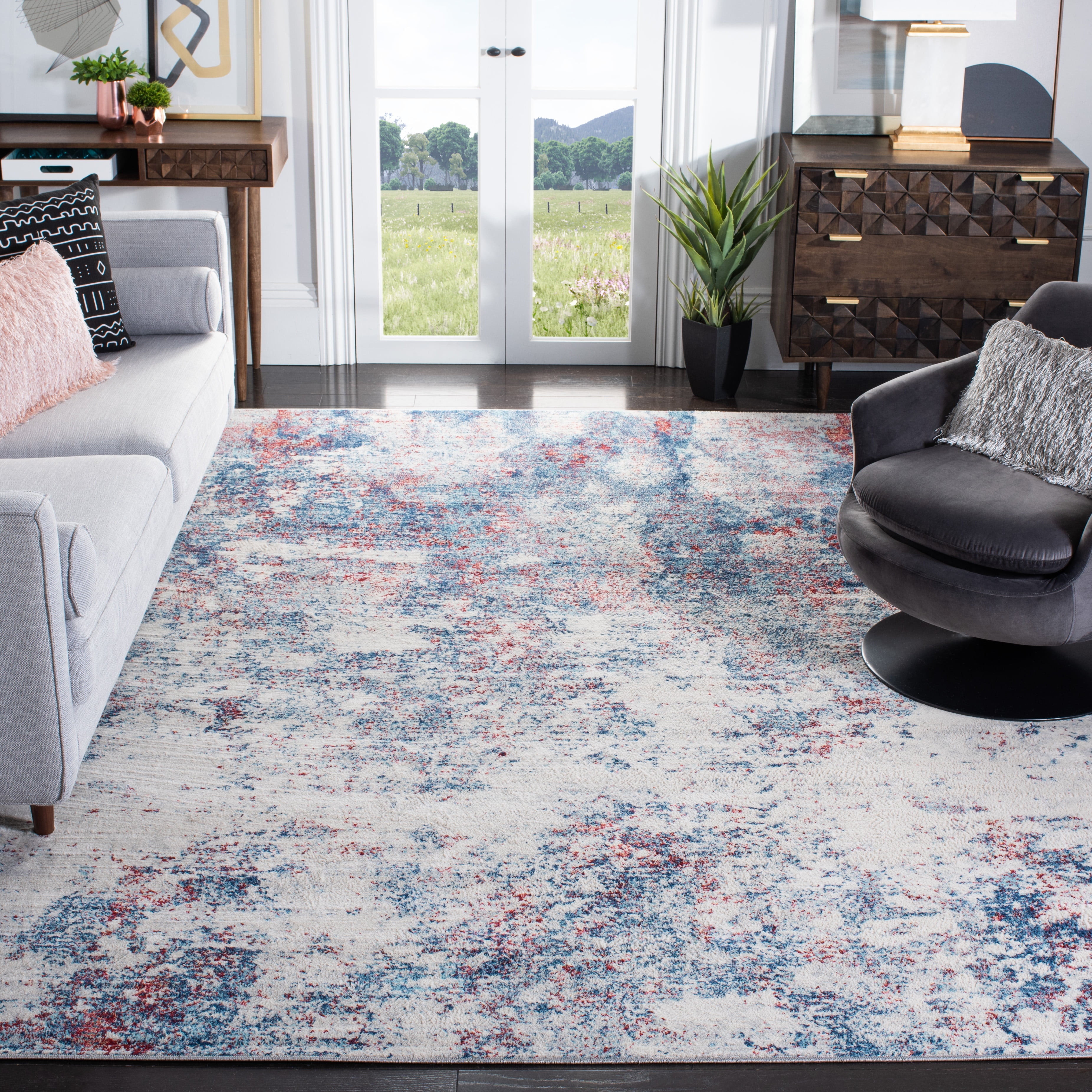 Elegant Navy and Red Square Synthetic Area Rug, 9' x 9'