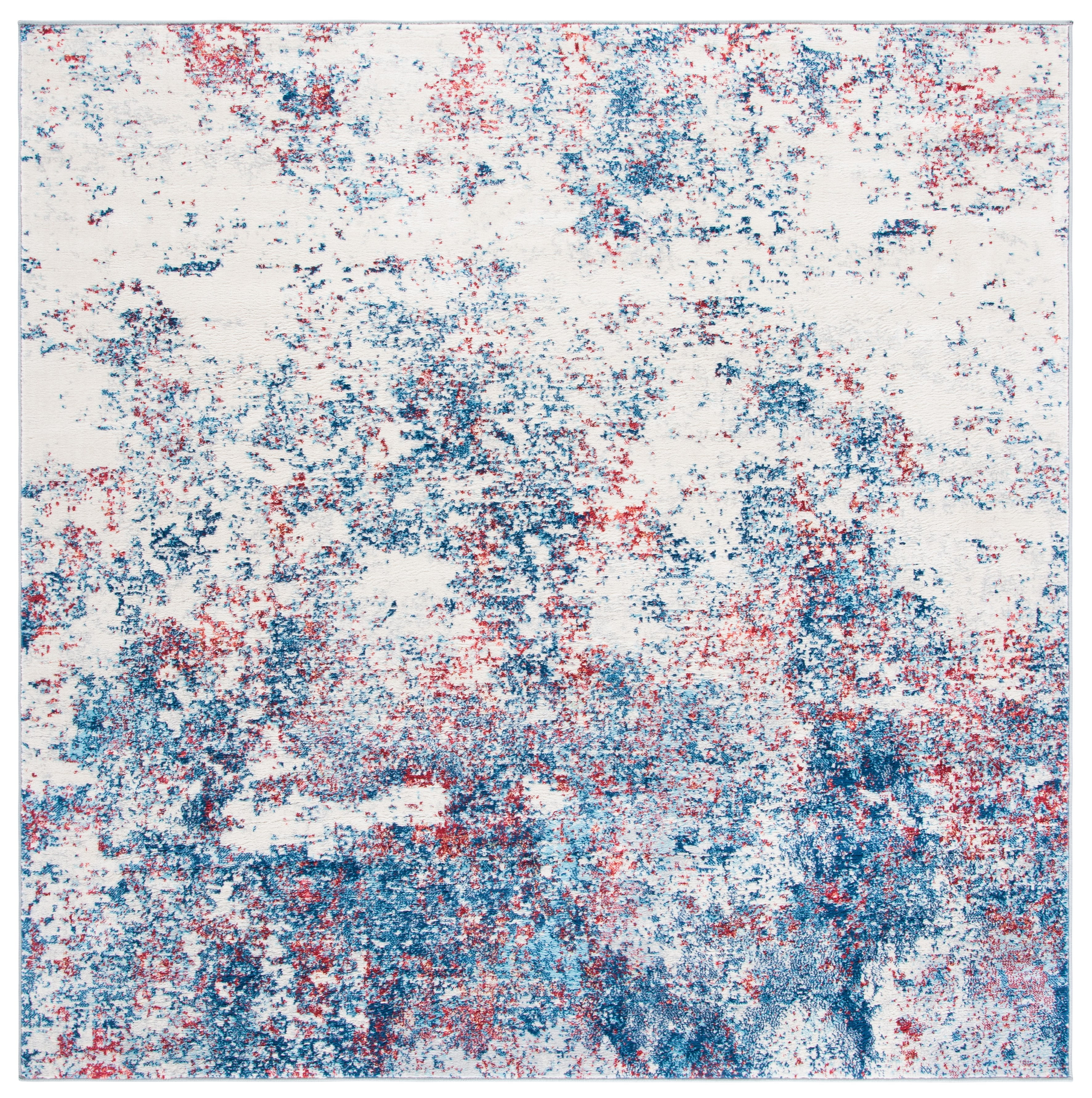 Elegant Navy and Red Square Synthetic Area Rug, 9' x 9'