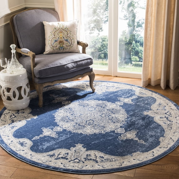 SAFAVIEH Brentwood Cahal Oriental Area Rug, Navy/Light Gray, 6'7" x 6'7" Round