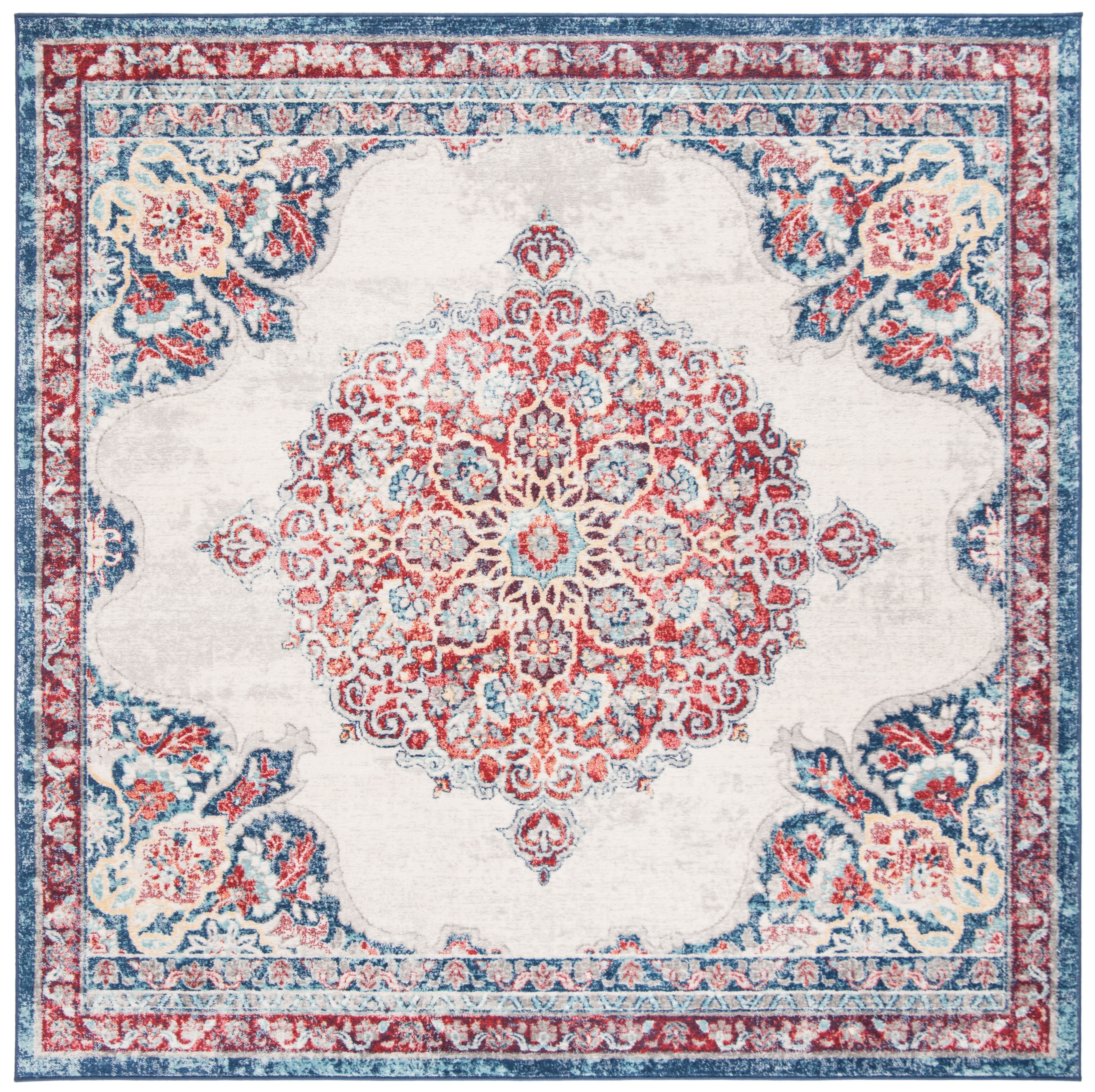 Ivory and Red Synthetic Square Oriental Area Rug
