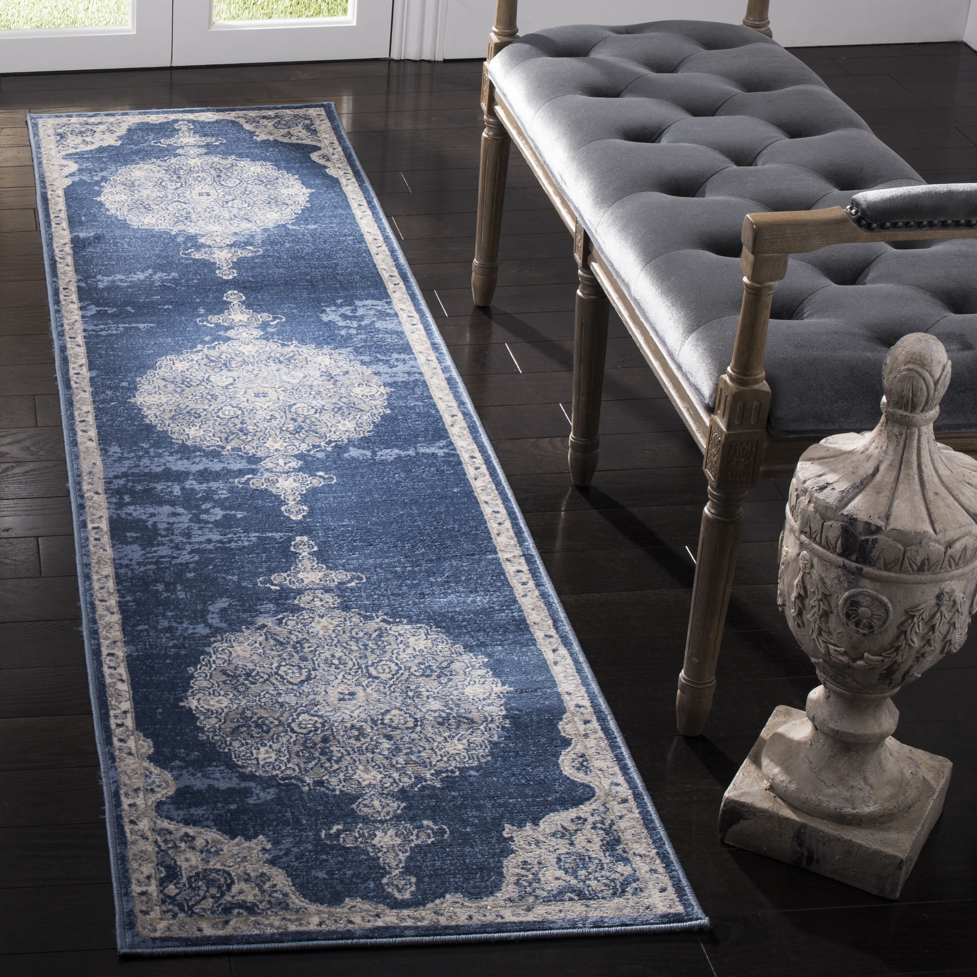 SAFAVIEH Brentwood Cahal Oriental Runner Rug, Navy/Light Gray, 2' x 12'