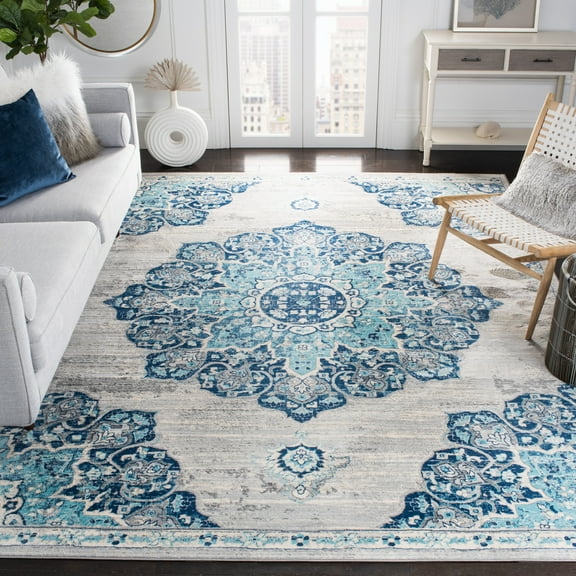 SAFAVIEH Brentwood Cantor Oriental Area Rug, Navy/Light Gray, 11' x 11' Square