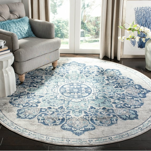 SAFAVIEH Brentwood Cantor Oriental Area Rug, Navy/Light Gray, 3' x 3' Round