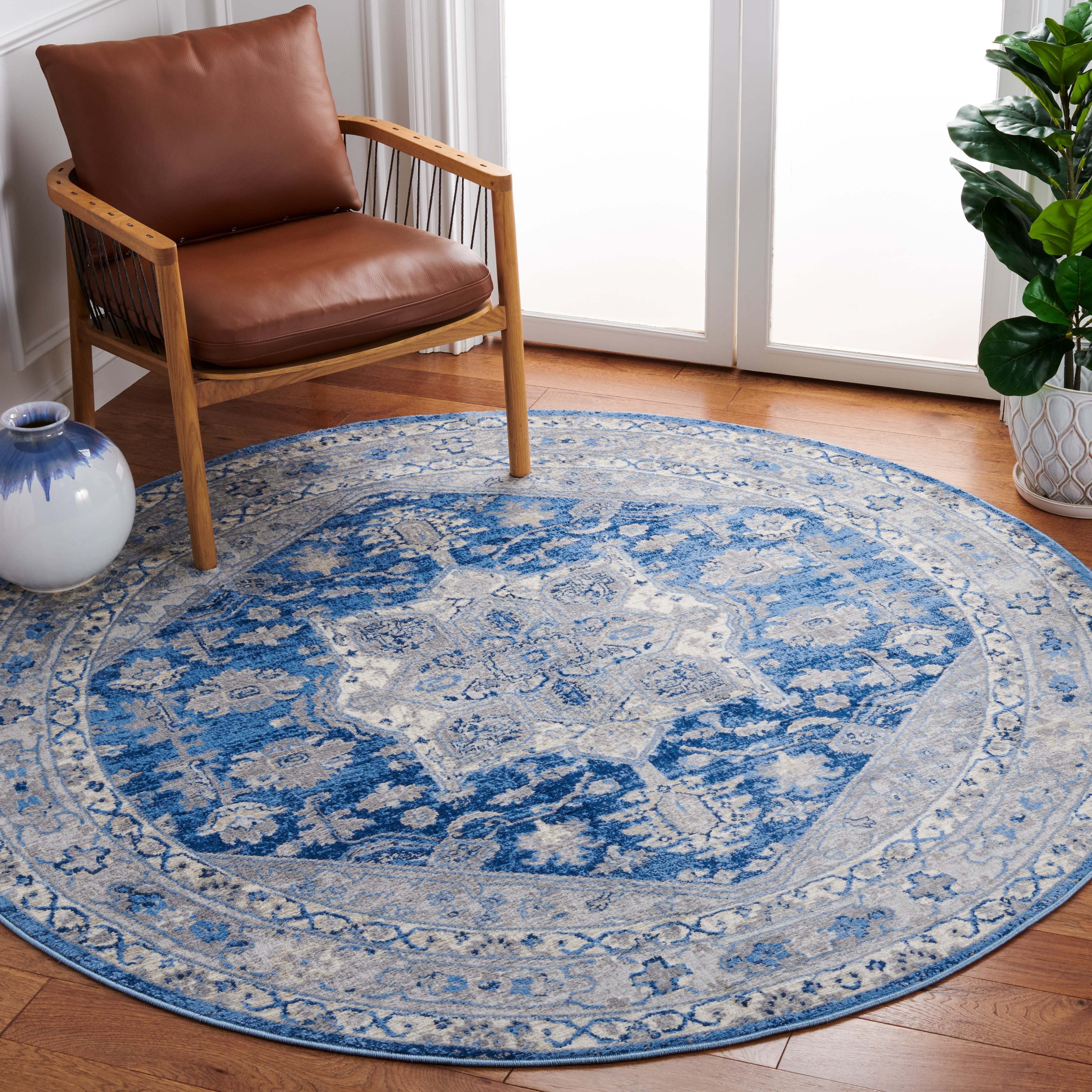 SAFAVIEH Brentwood Ezra Oriental Area Rug, Blue/Gray, 6'7" x 6'7" Round