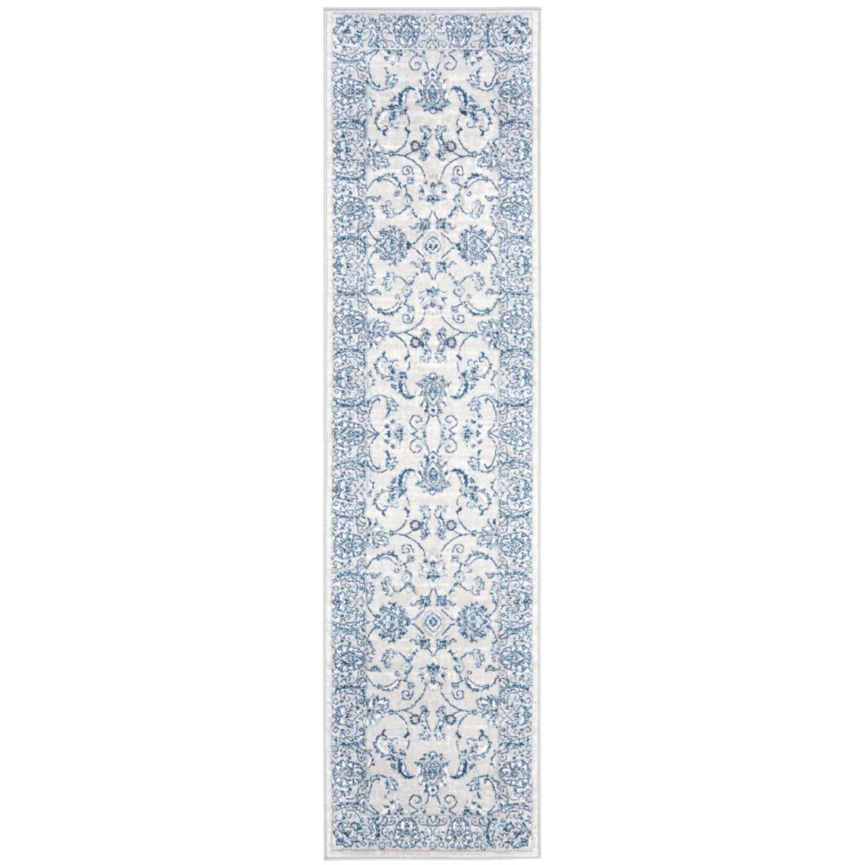 Light Grey and Blue Floral Synthetic Runner Rug, 2' x 6'