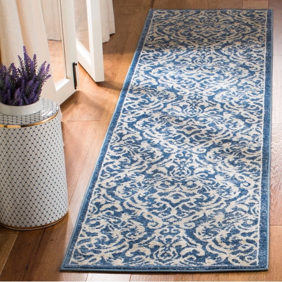 SAFAVIEH Brentwood Eliza Damask Runner Rug, Navy/Cream, 2' x 12'