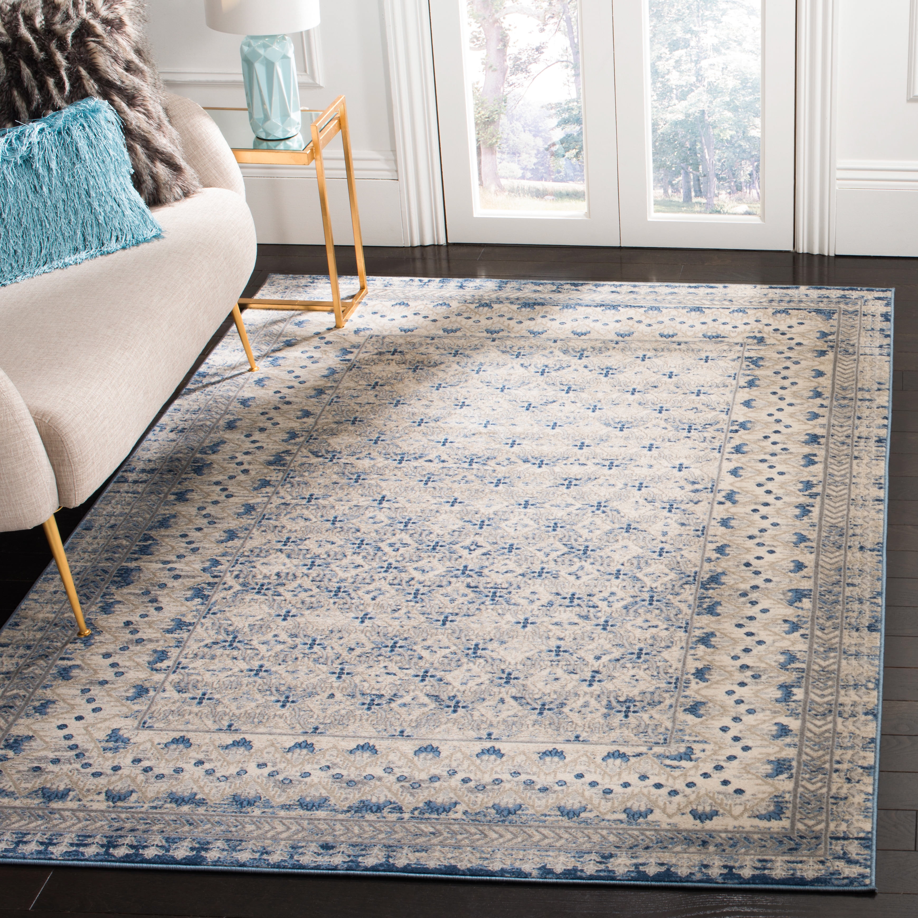 Light Grey and Blue Square Synthetic Geometric Area Rug