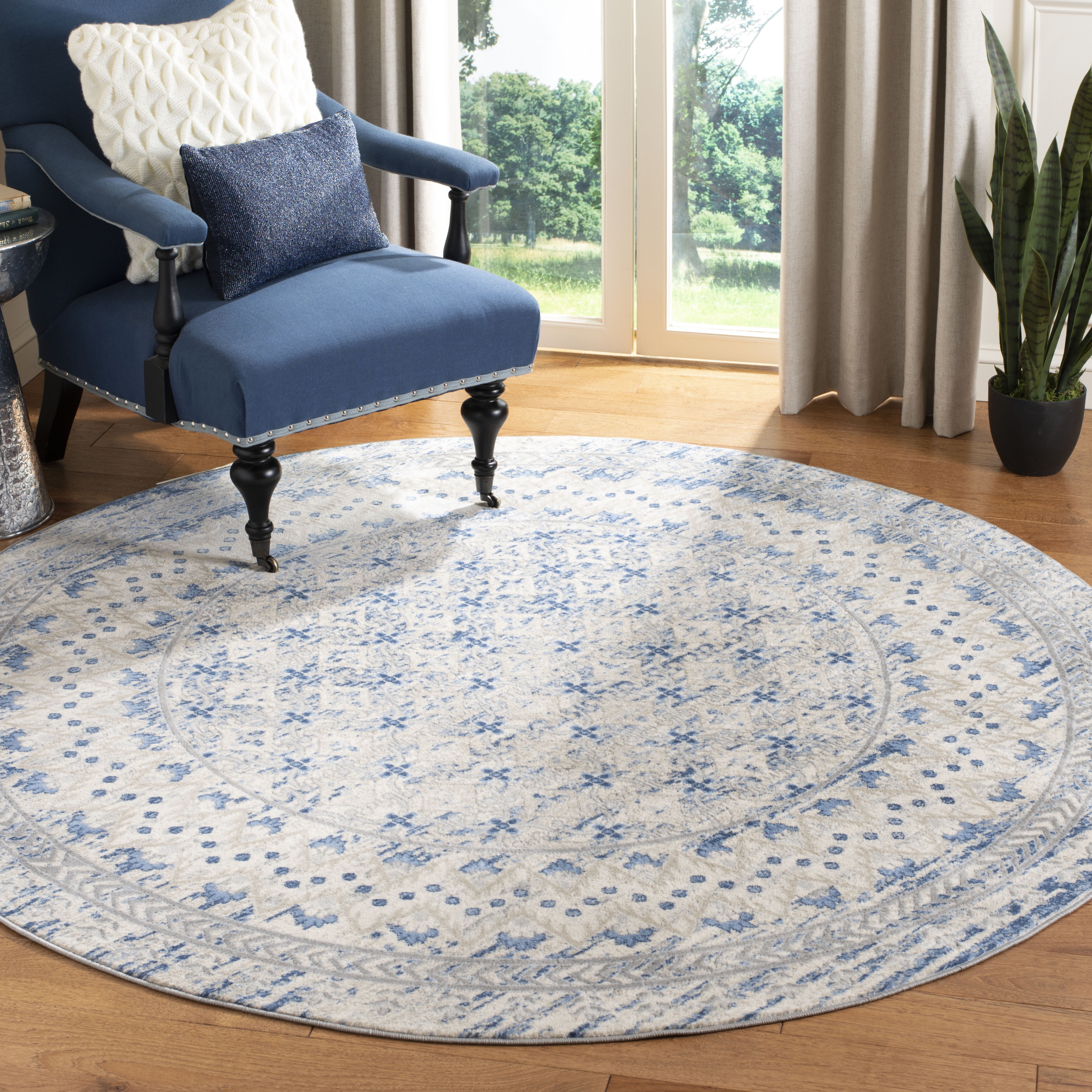 Light Gray and Blue Round Stain-Resistant Synthetic Area Rug