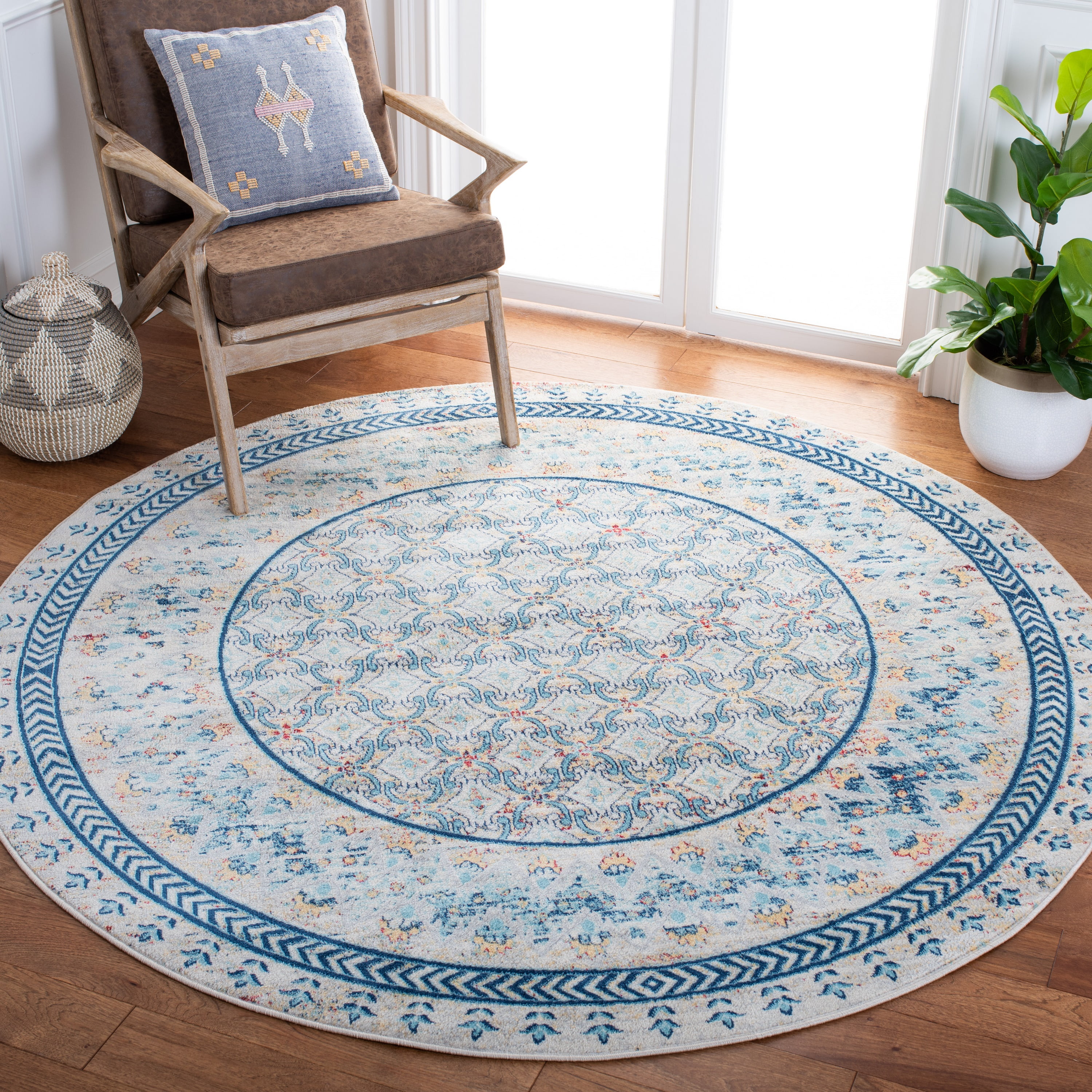 Brentwood Blue and Yellow Round Synthetic Area Rug