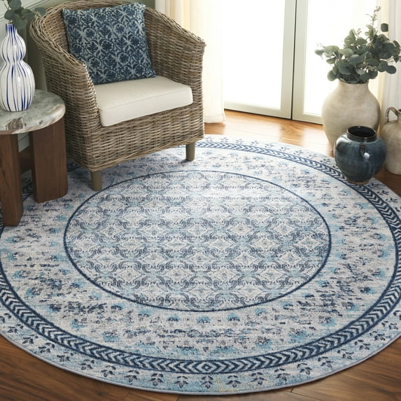 SAFAVIEH Brentwood Dory Geometric Area Rug, Ivory/Aqua, 6'7" x 6'7" Round