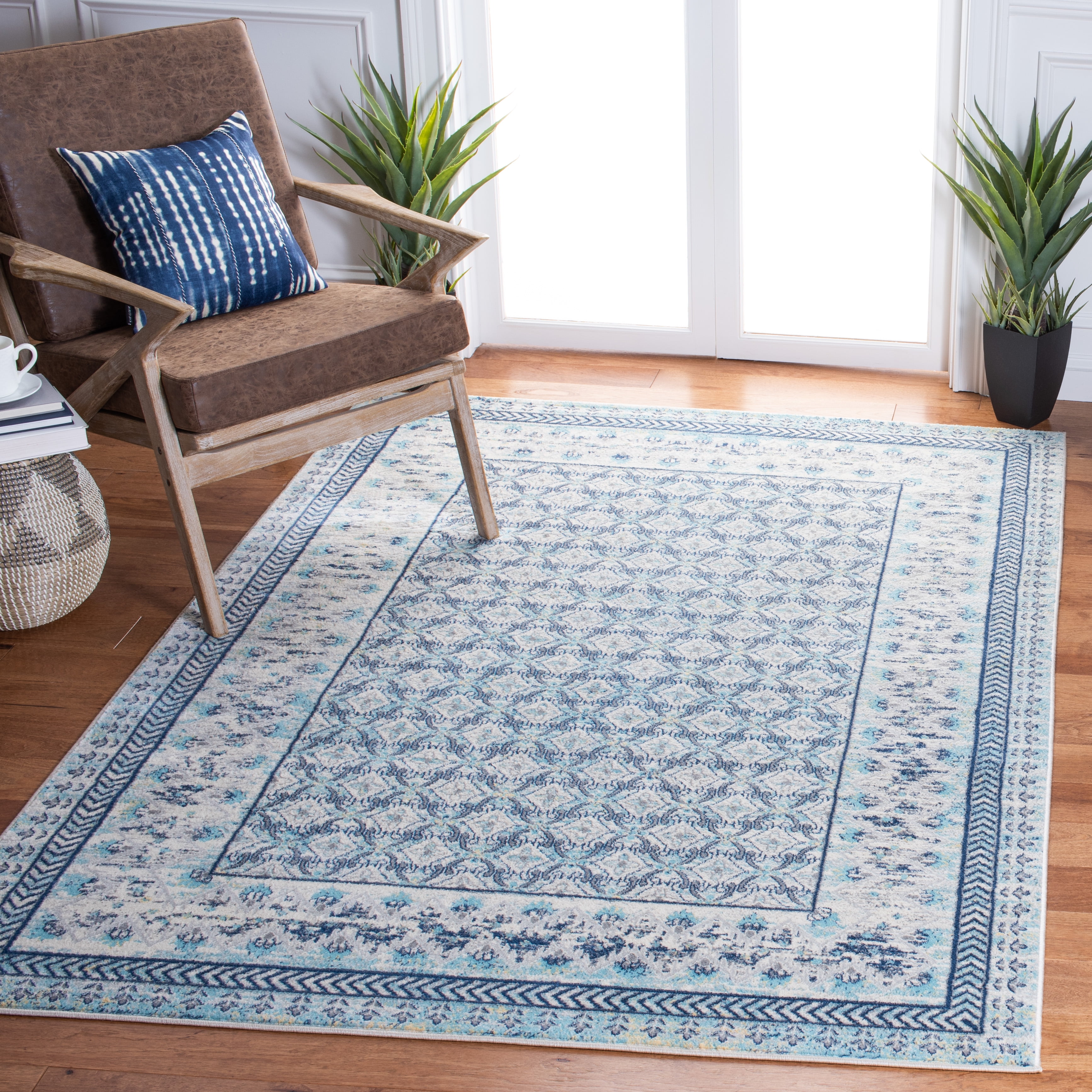 SAFAVIEH Brentwood Dory Geometric Area Rug, Ivory/Aqua, 6'7" x 6'7" Square