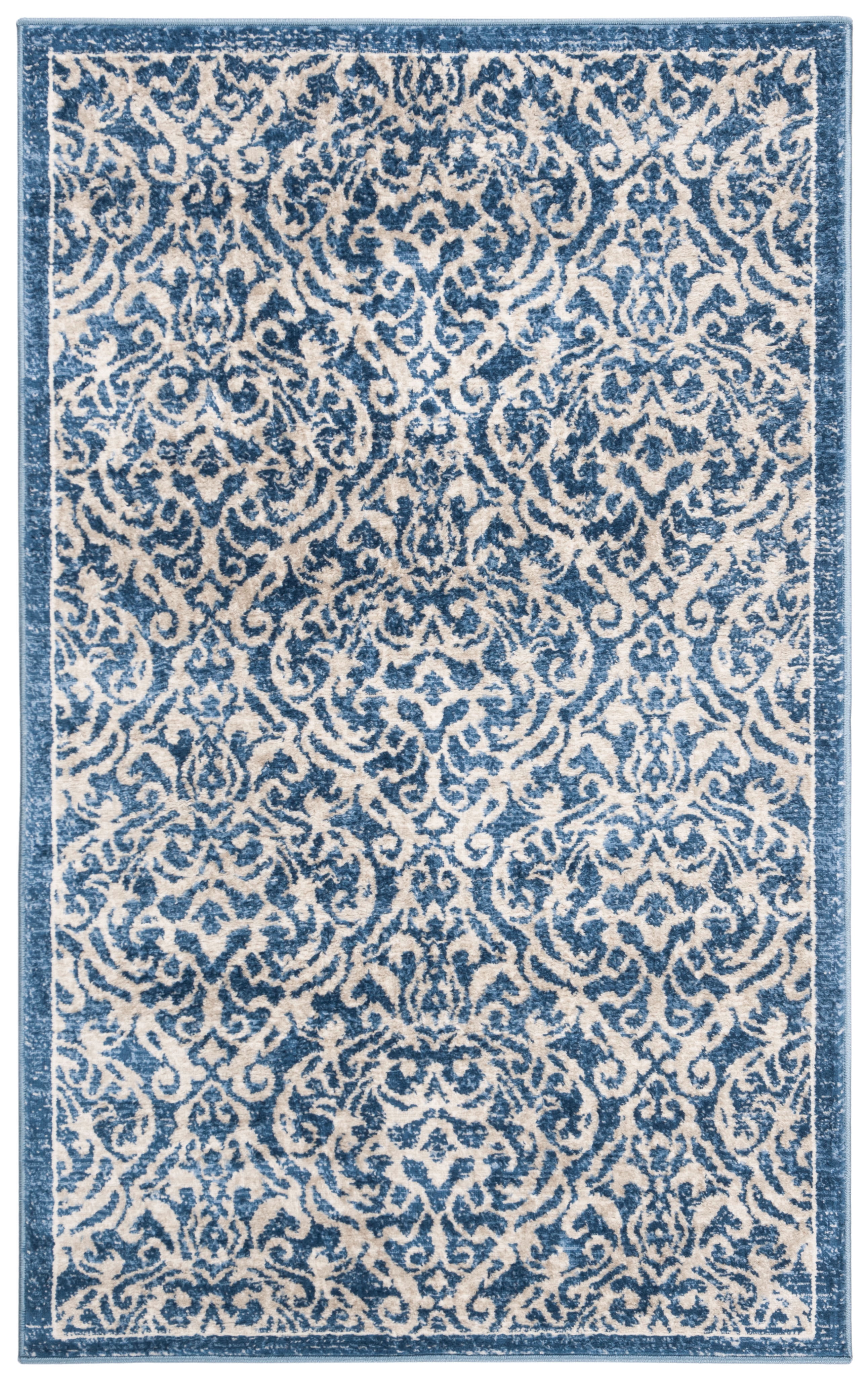 Navy and Cream 3' x 5' Synthetic Damask Area Rug