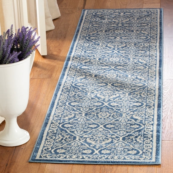SAFAVIEH Brentwood Gillian Floral Runner Rug, Navy/Light Gray, 2' x 14'