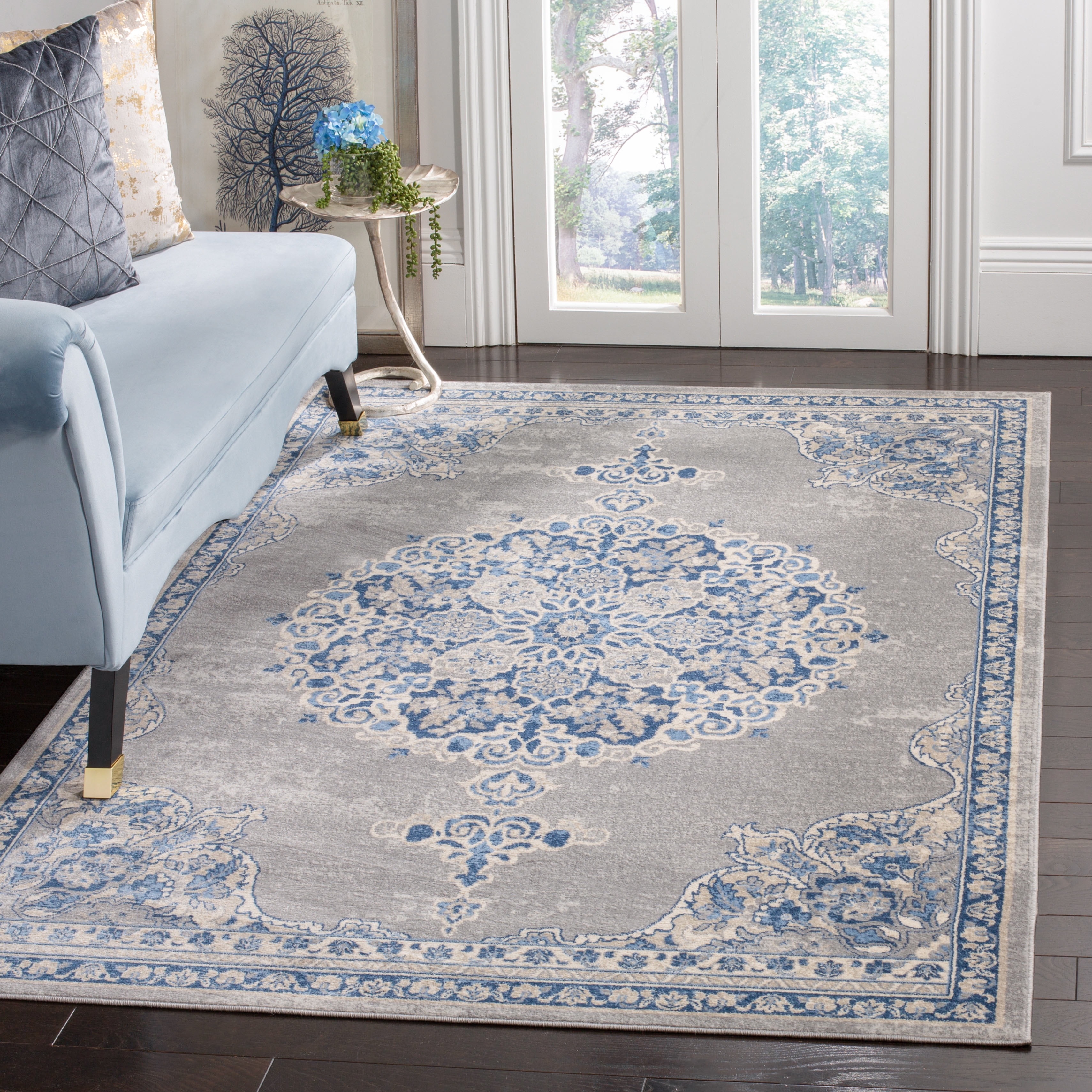 Light Grey and Blue Synthetic Square Rug, 36" x 36"