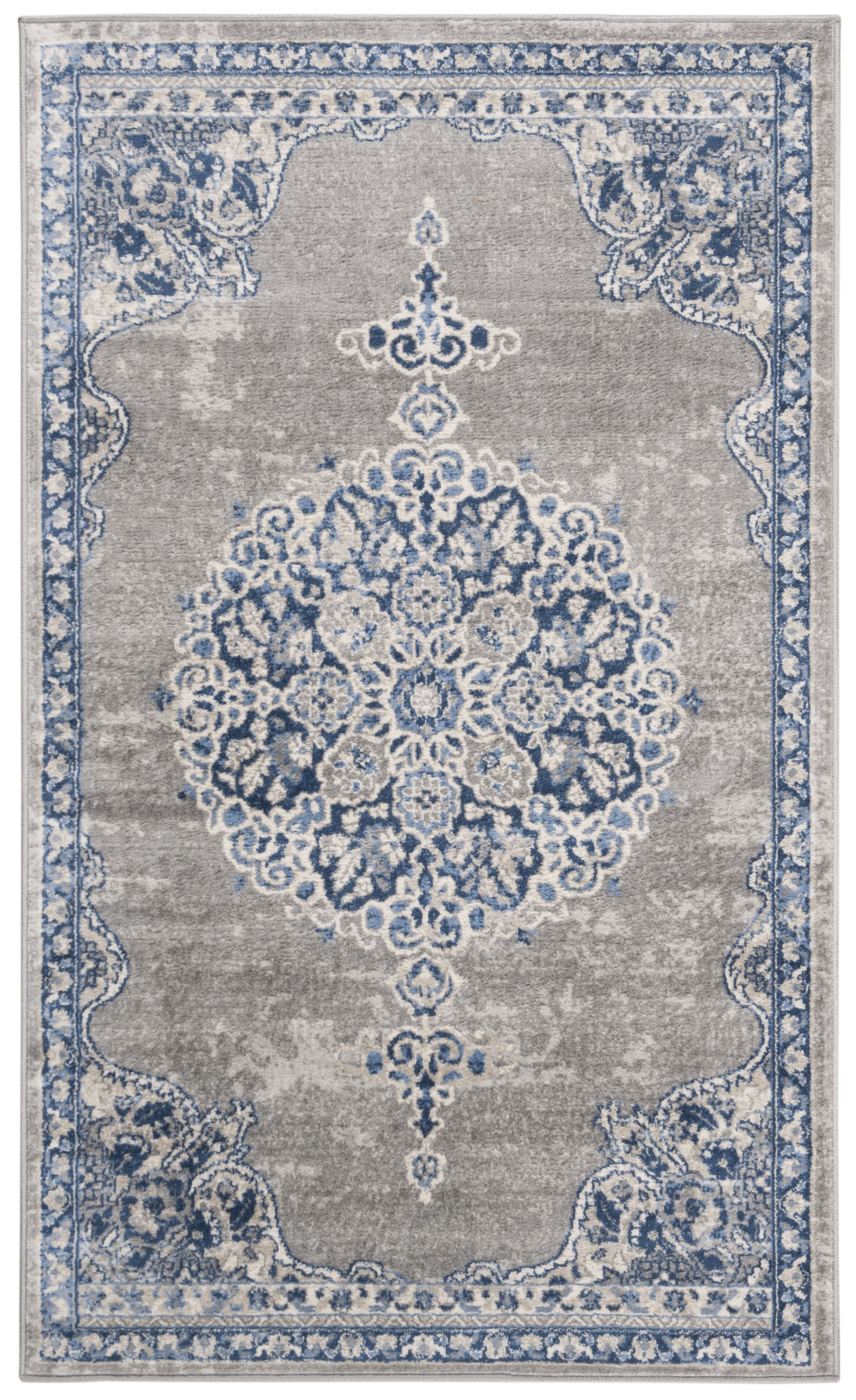 Light Grey and Blue Hand-knotted Synthetic Area Rug
