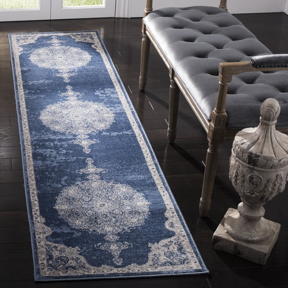 SAFAVIEH Brentwood Cahal Oriental Runner Rug, Navy/Light Gray, 2' x 22'