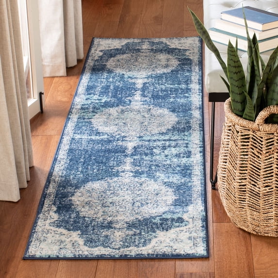 SAFAVIEH Brentwood Cahal Oriental Runner Rug, Navy/Ivory, 2' x 6'