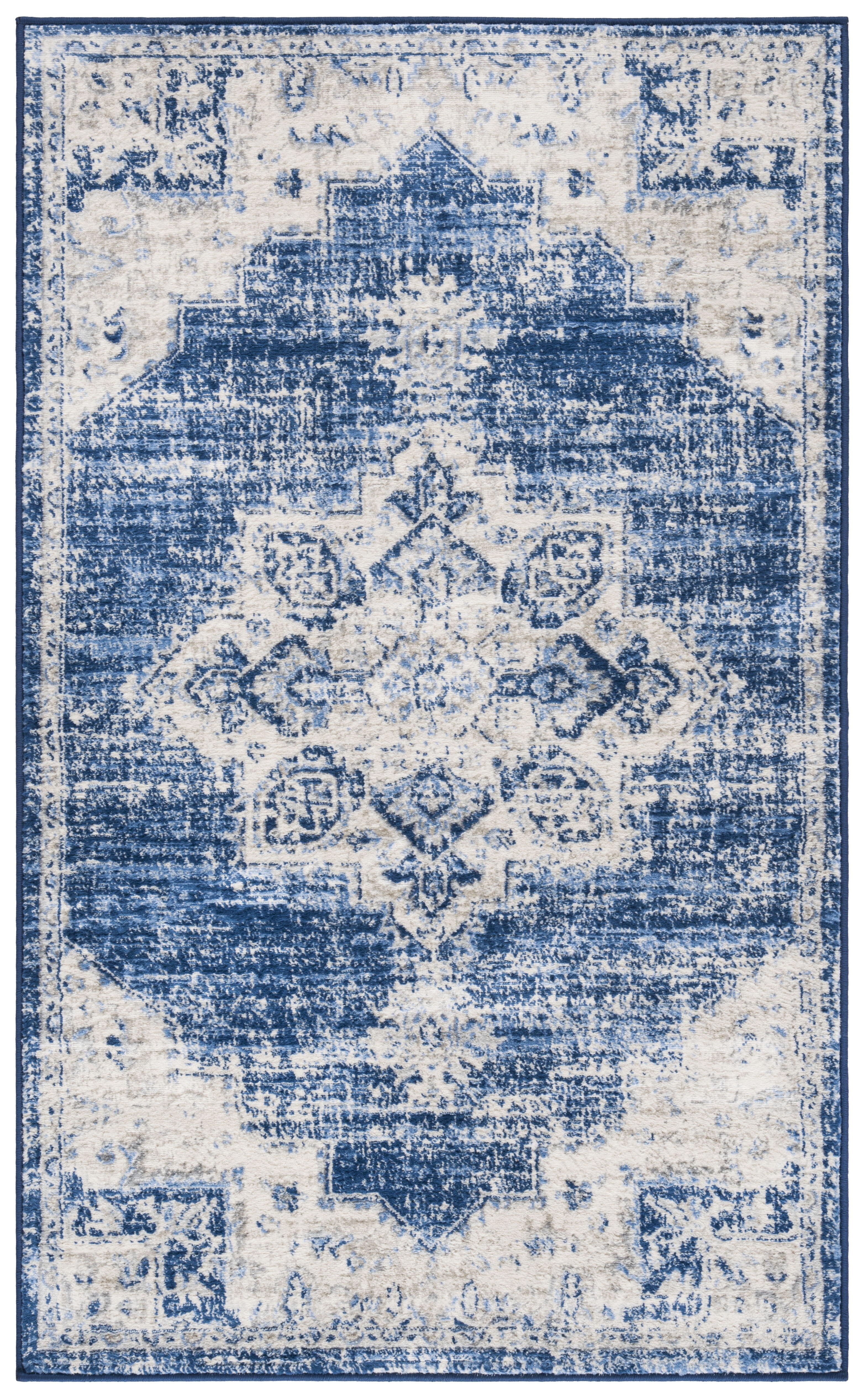 Ivory and Navy Synthetic Hand-knotted Rectangular Area Rug