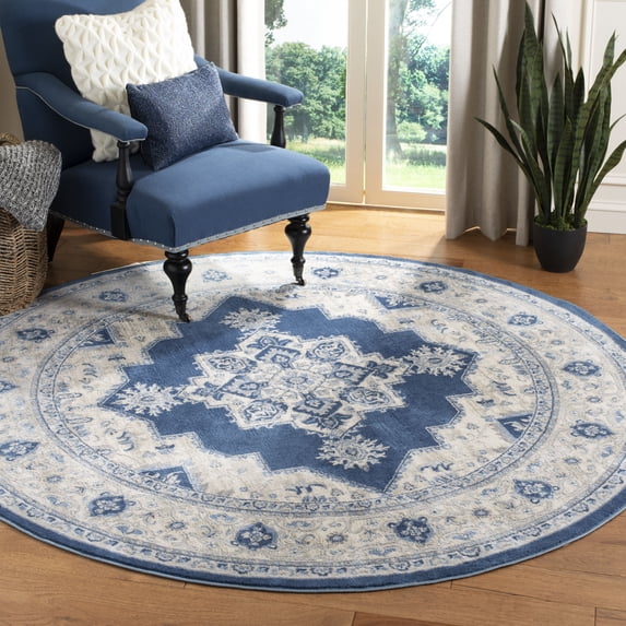 SAFAVIEH Brentwood Salah Oriental Area Rug, Navy/Creme, 6'7" x 6'7" Round