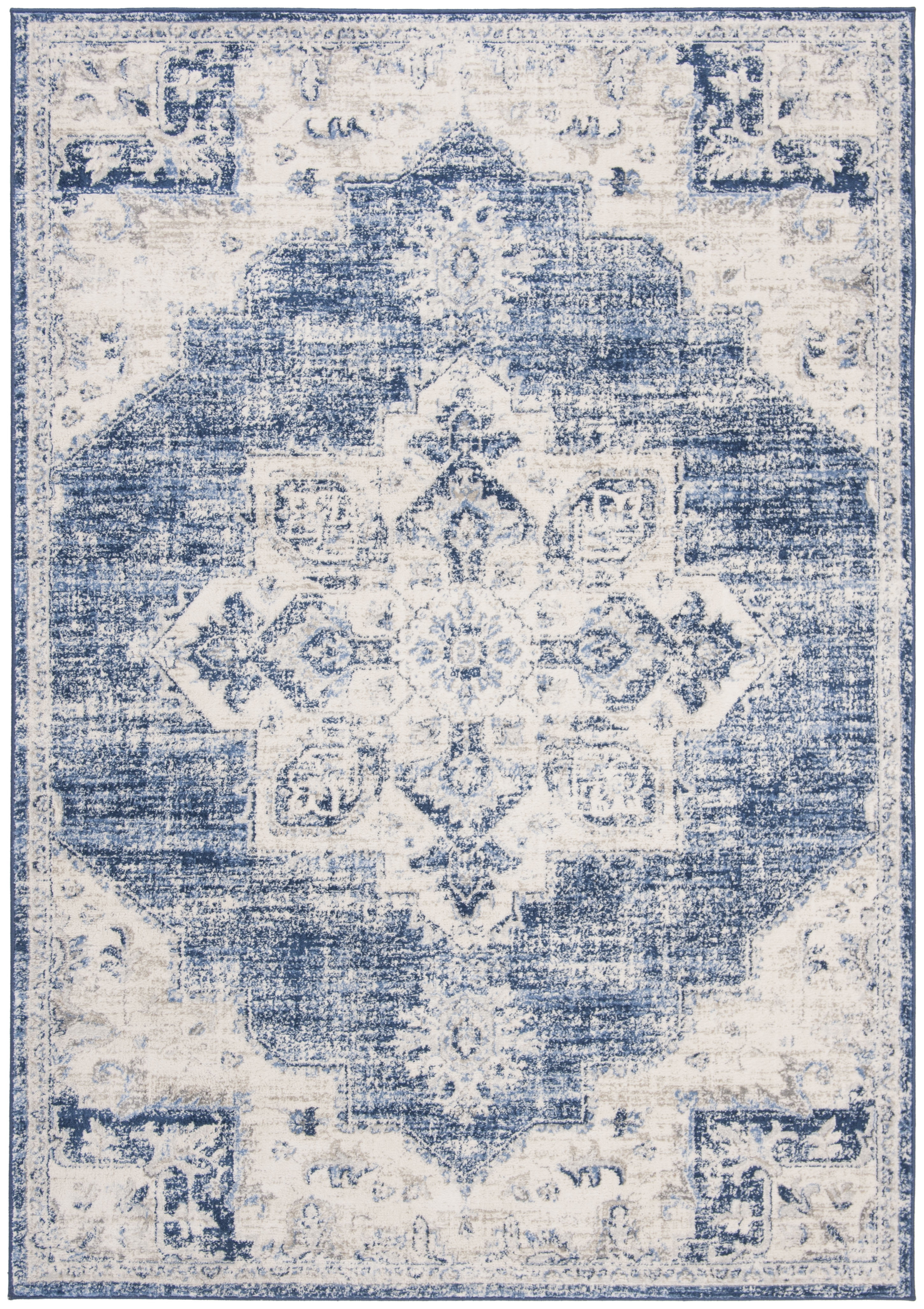 Ivory and Navy Classic Synthetic Round Rug, 6' x 9', Stain-Resistant