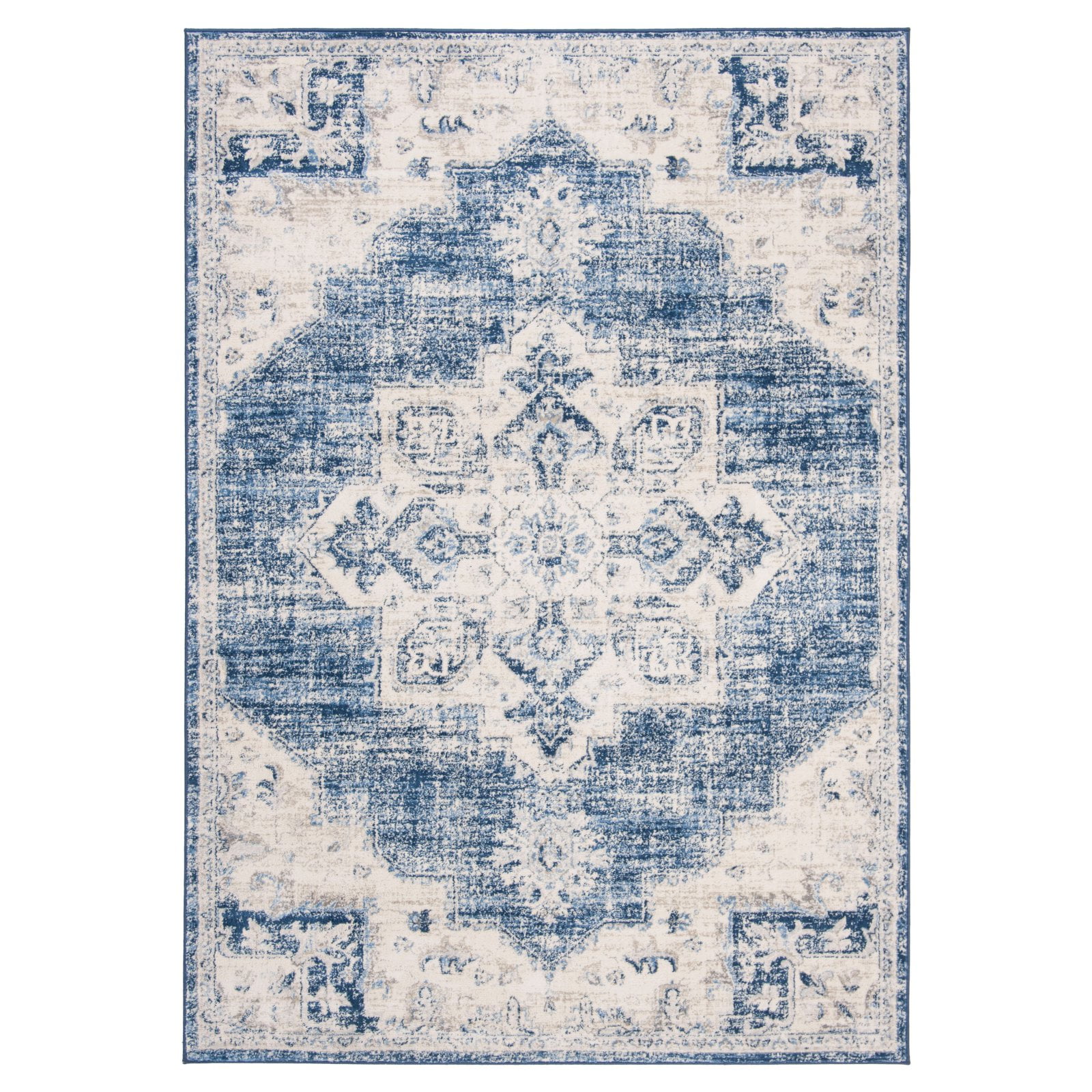 Ivory and Navy Classic Synthetic Round Rug, 6' x 9', Stain-Resistant