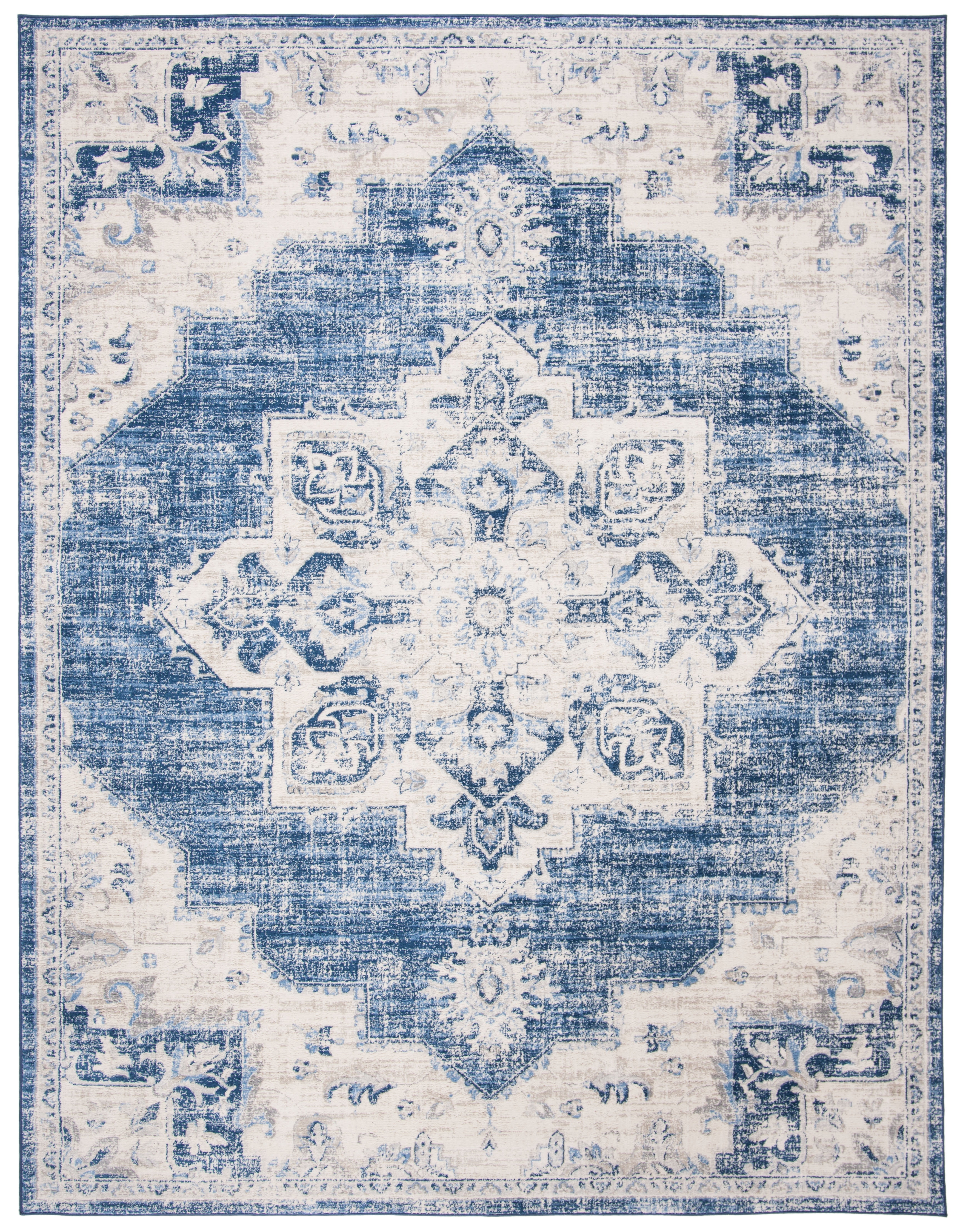 Ivory and Navy Synthetic Hand-Knotted Square Area Rug