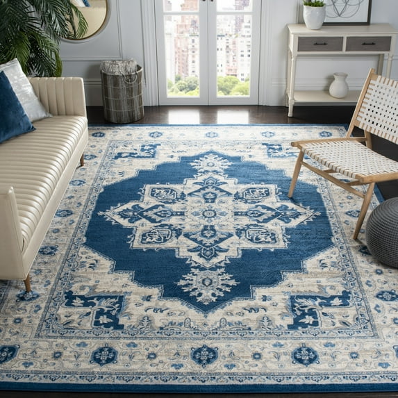 SAFAVIEH Brentwood Salah Oriental Area Rug, Navy/Creme, 9' x 9' Square