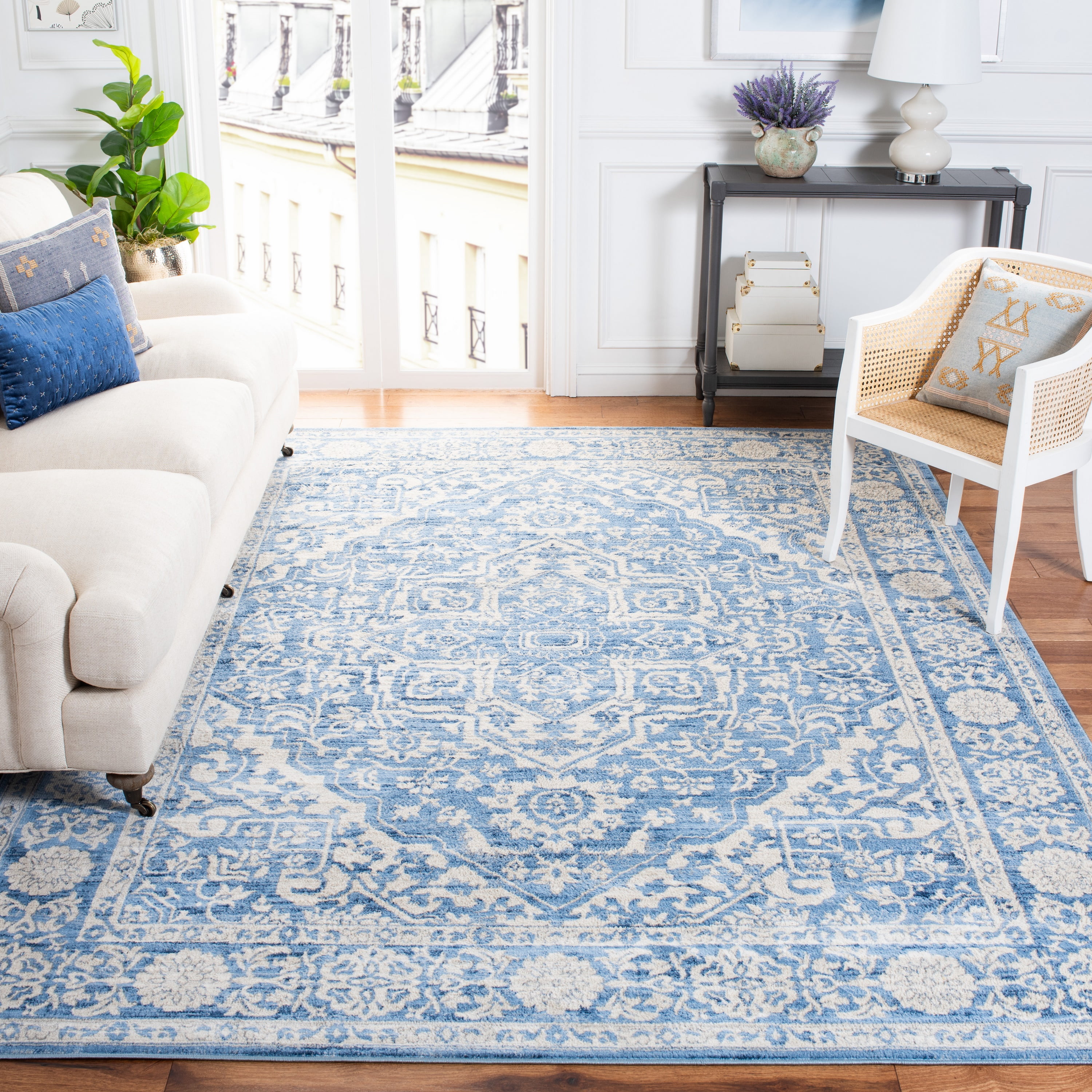 Ivory and Navy 8' x 10' Synthetic Washable Reversible Area Rug