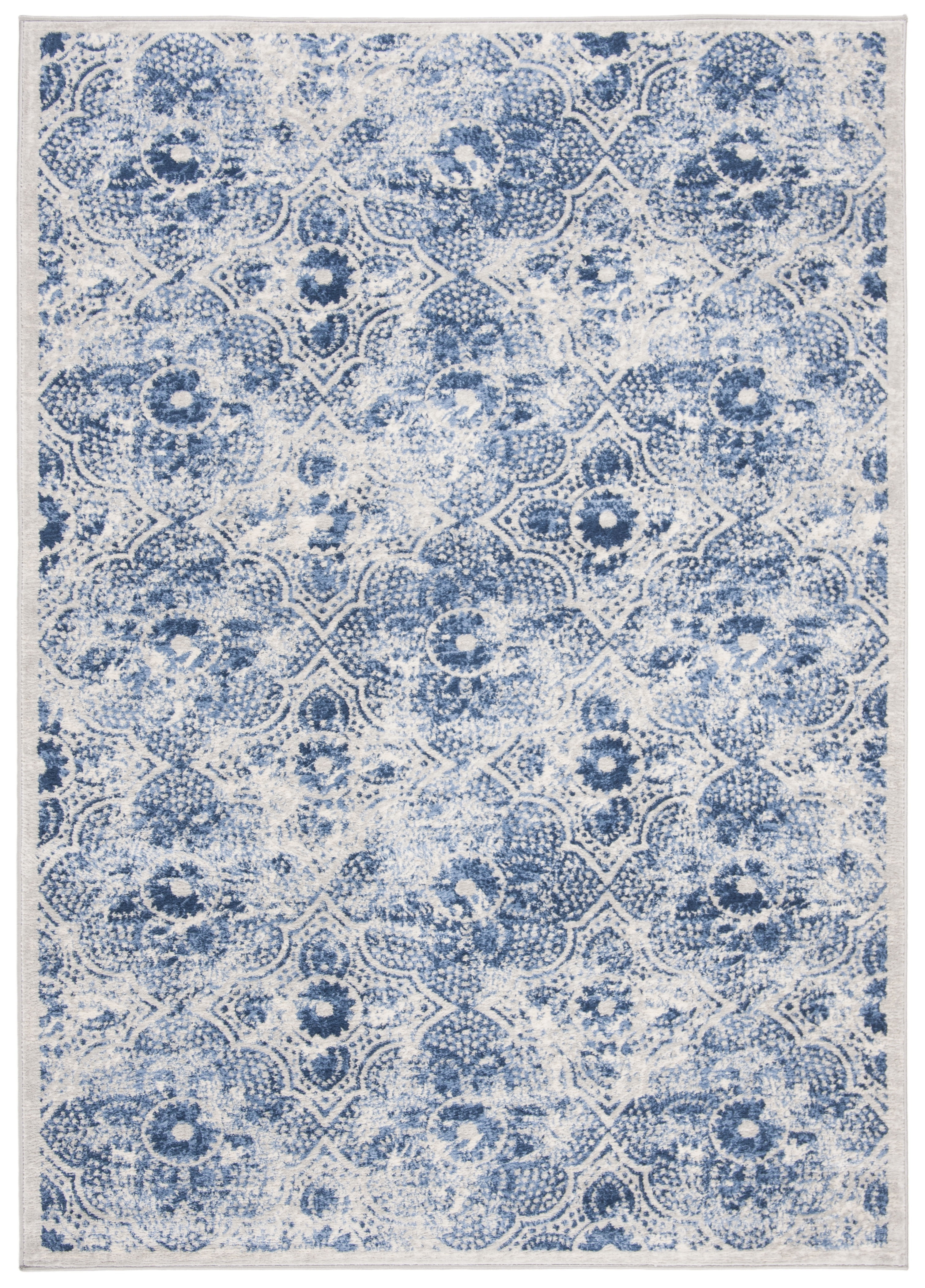 Cream and Blue Hand-Knotted Synthetic Area Rug