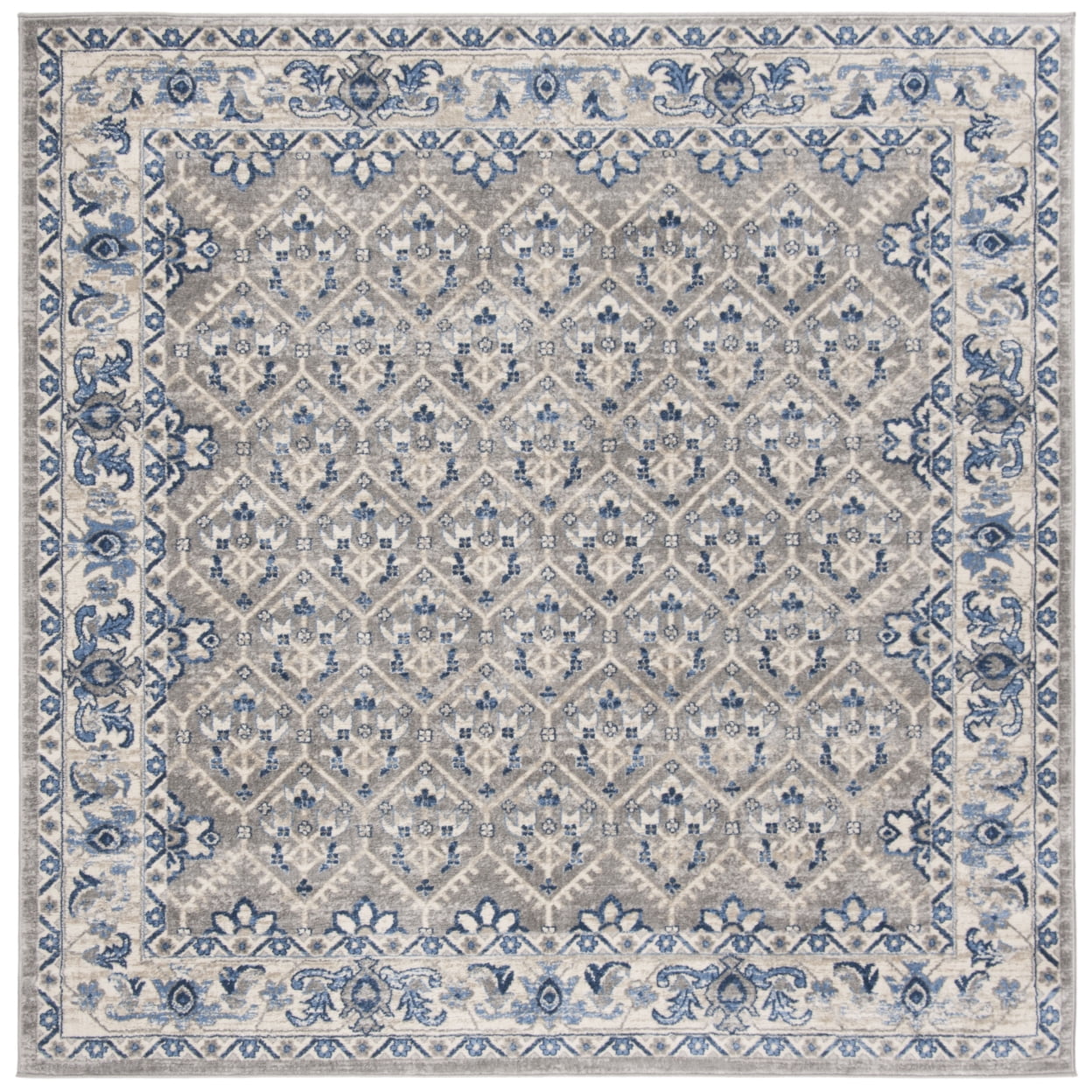 Elegant Square Light Grey & Blue Synthetic Area Rug, 6'7"