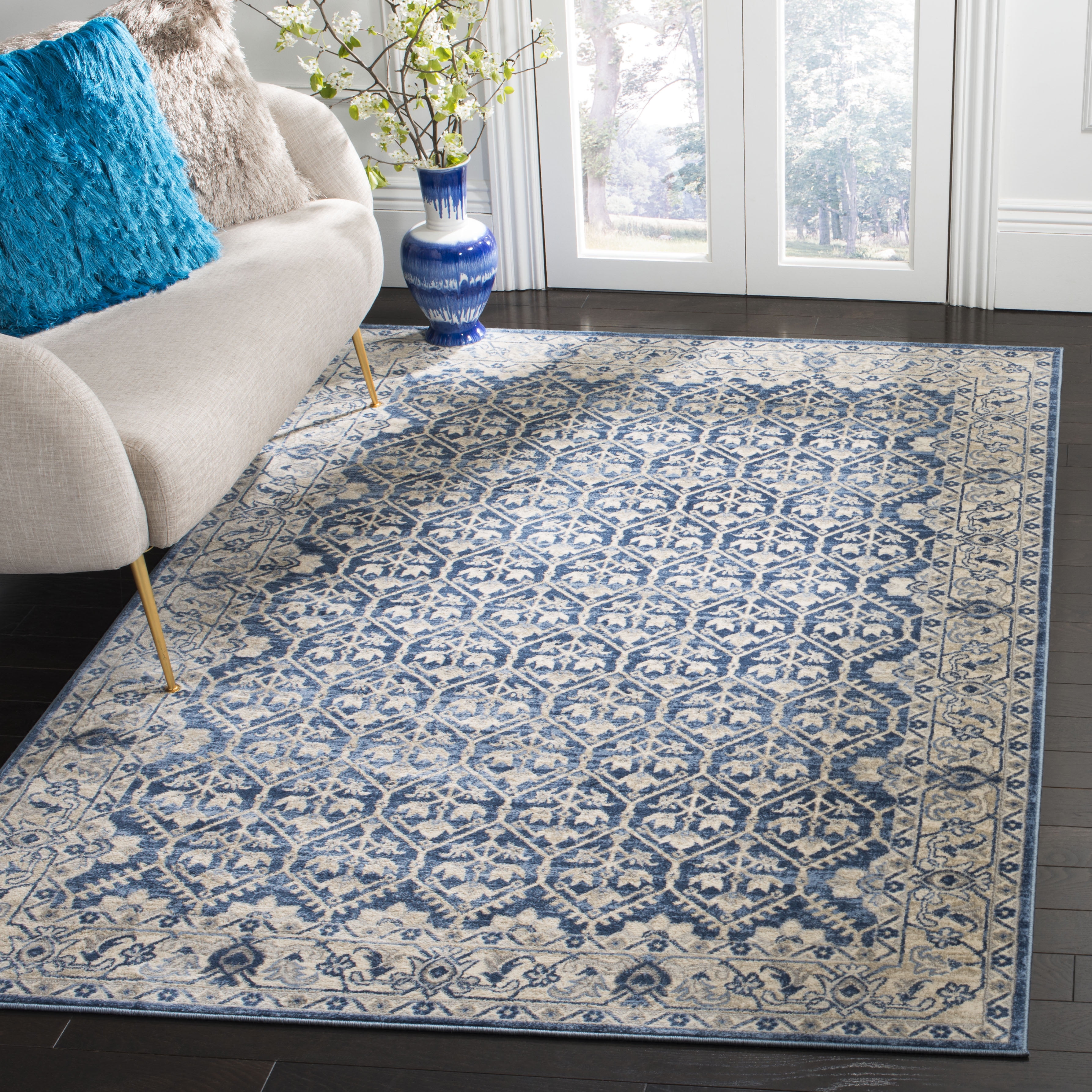 Navy and Light Grey Synthetic 6' x 9' Easy-Care Area Rug