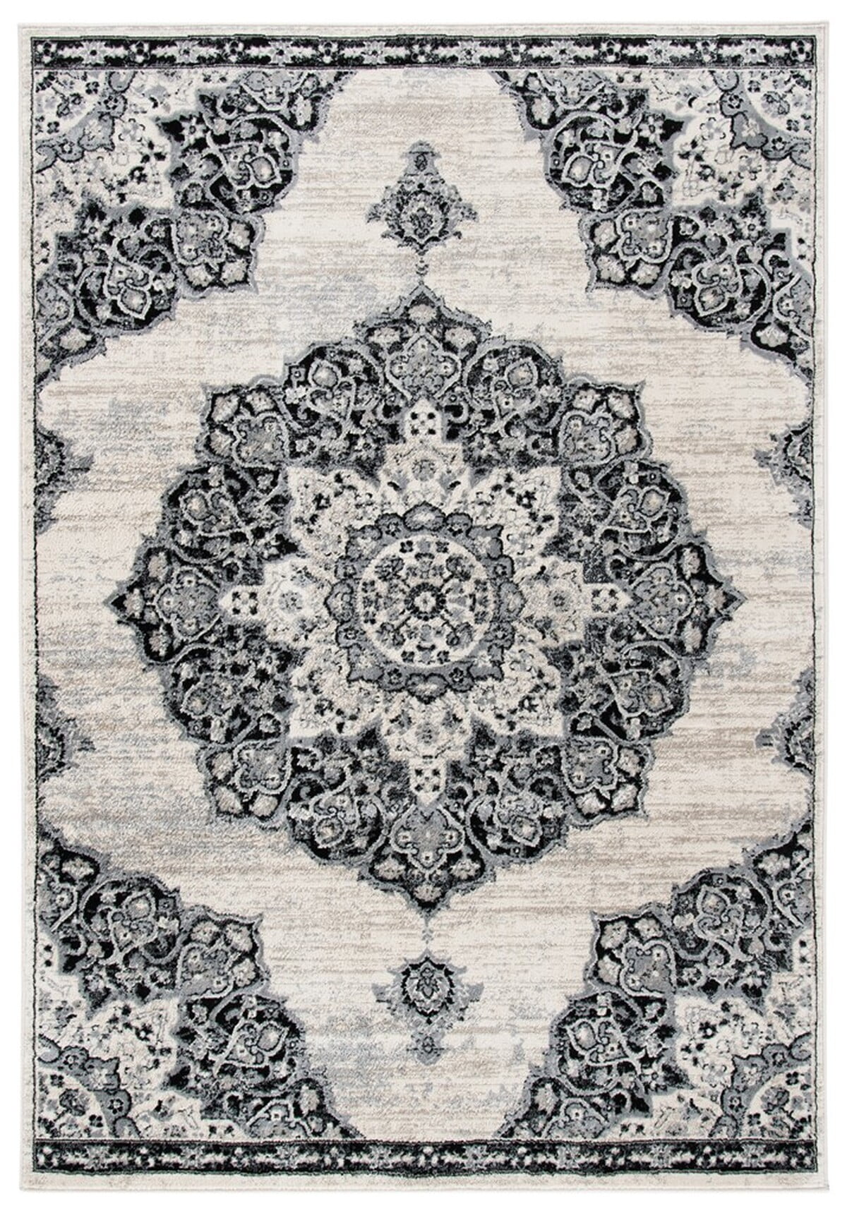Ivory and Black Synthetic Rectangular 8' x 10' Area Rug