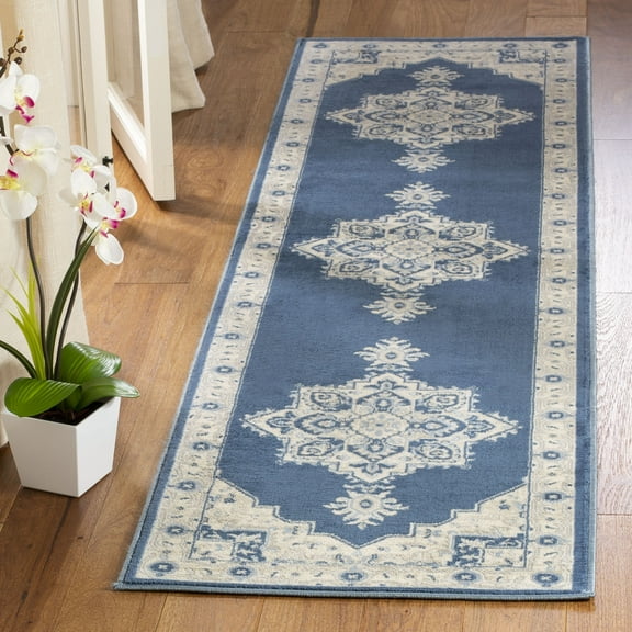 SAFAVIEH Brentwood Salah Oriental Runner Rug, Navy/Creme, 2' x 20'