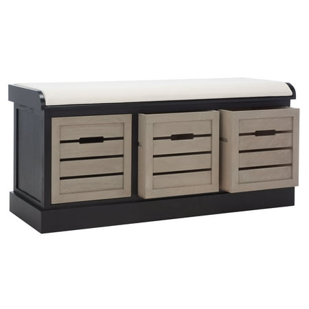 SAFAVIEH Briar 3 Drawer Cushion Bench, Black Frame/Greige Drawers (42 in. W x 15 in. D x 19.8 in. H)