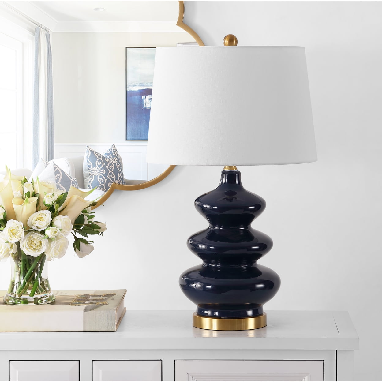 Navy Ceramic Triple Gourd Table Lamp with White Shade
