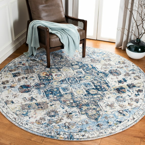 SAFAVIEH Bristol Acacia Oriental Polyester Area Rug, Cream/Blue, 7' x 7' Round